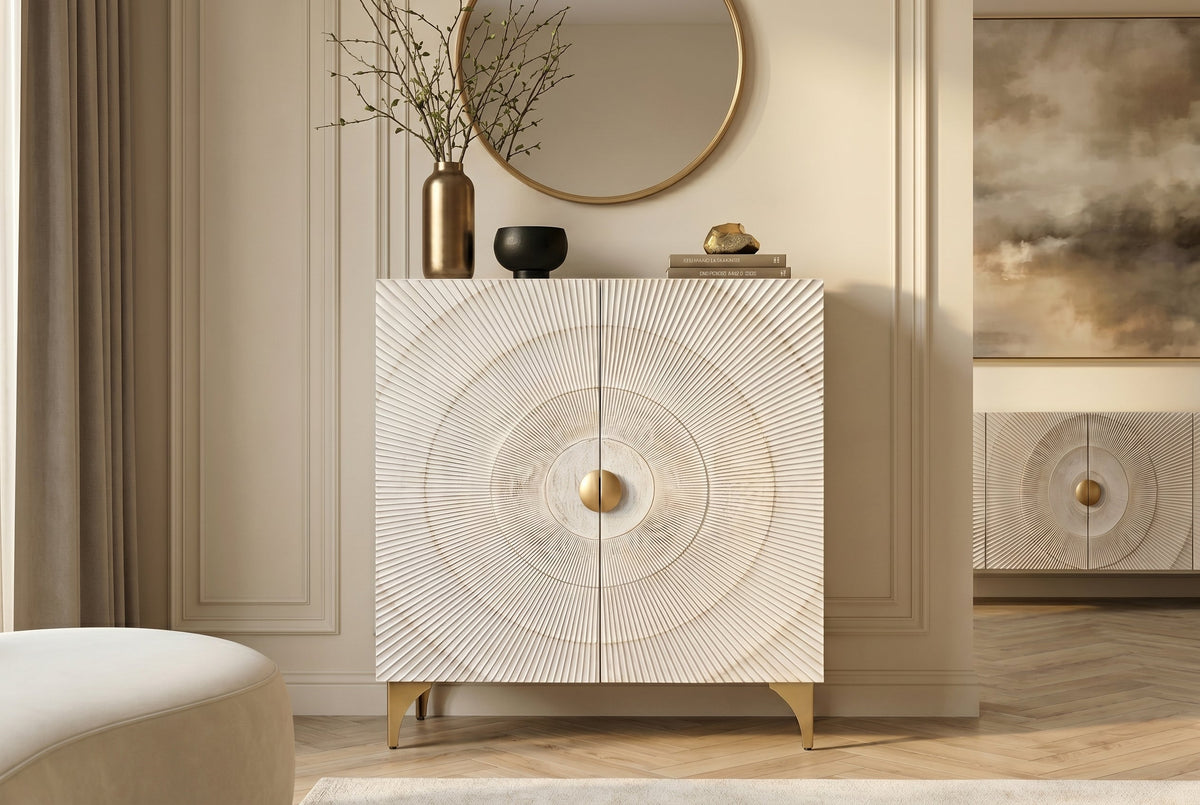 Buffet haut massif GOLDEN SUNSET 120cm en bois de manguier doré blanc avec sculptures 3D