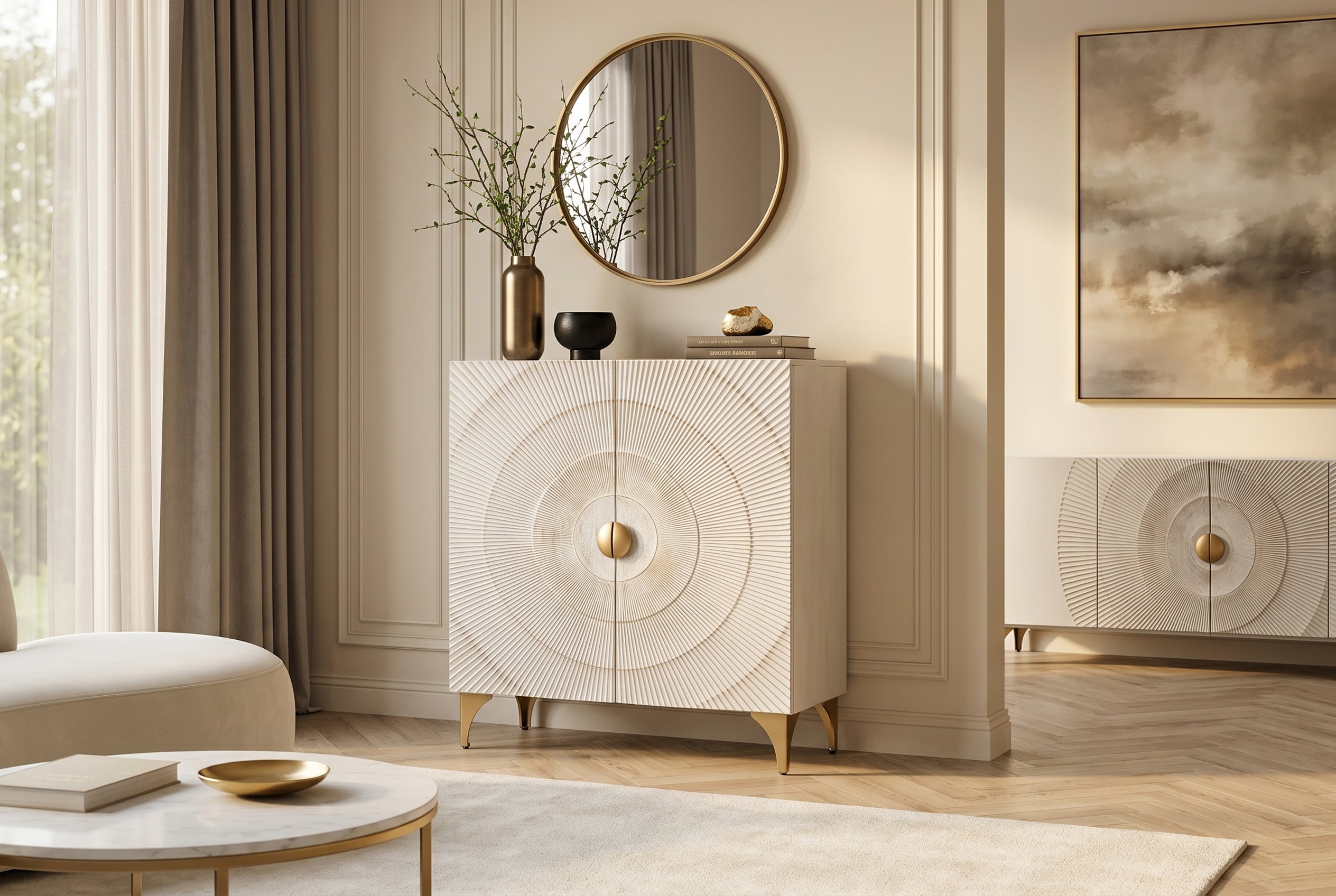 Buffet haut massif GOLDEN SUNSET 120cm en bois de manguier doré blanc avec sculptures 3D