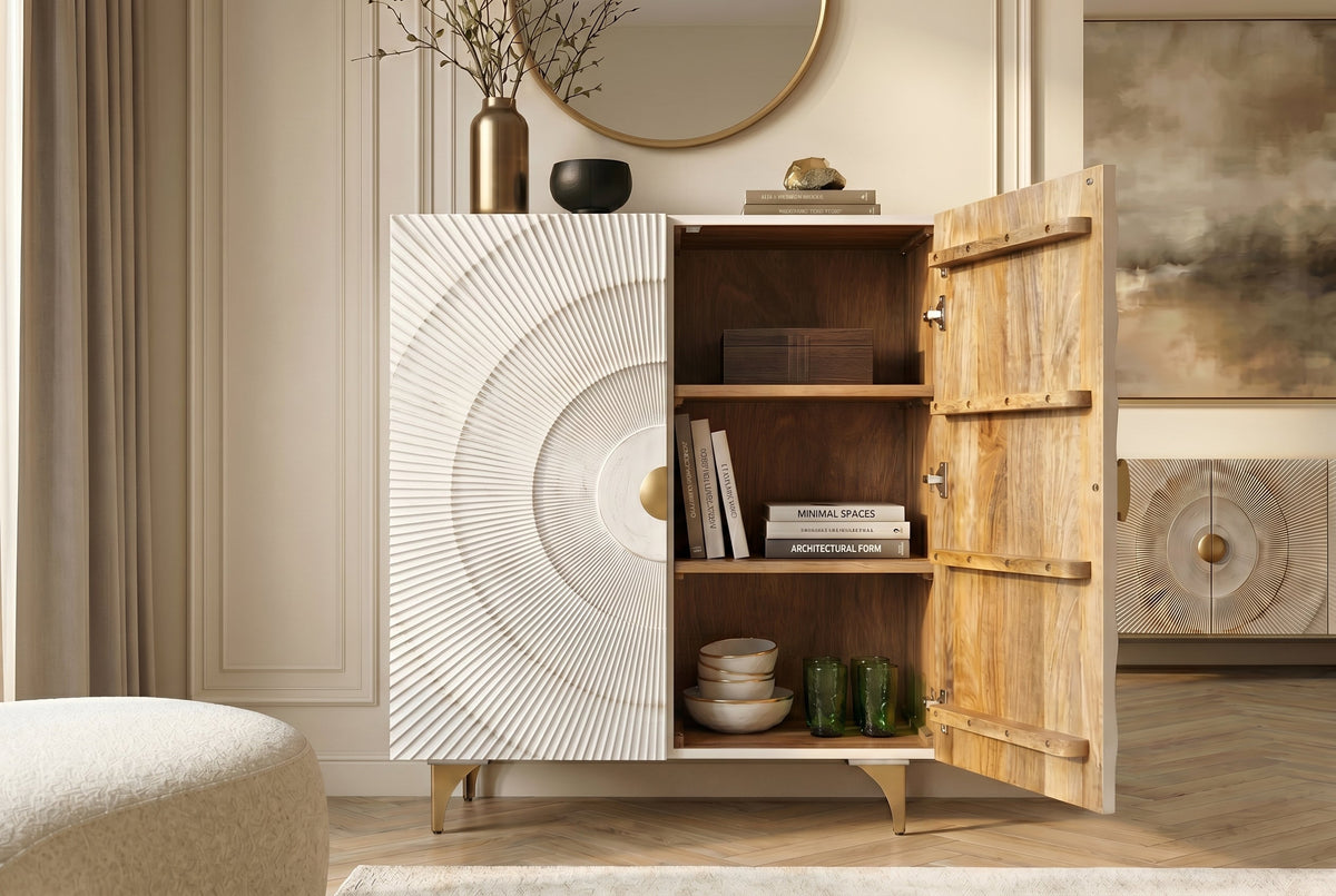 Buffet haut massif GOLDEN SUNSET 120cm en bois de manguier doré blanc avec sculptures 3D