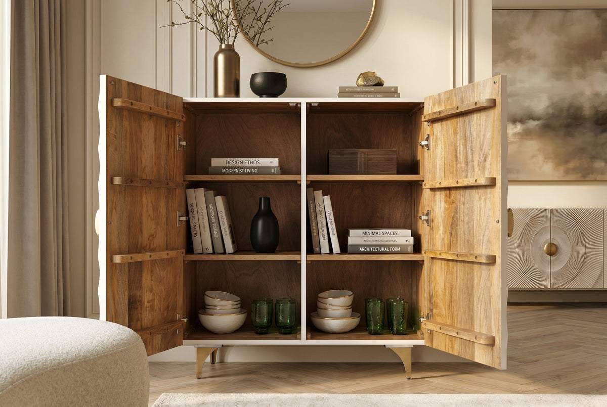 Buffet haut massif GOLDEN SUNSET 120cm en bois de manguier doré blanc avec sculptures 3D