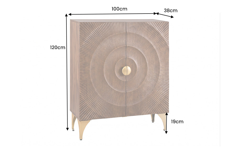 Buffet haut massif GOLDEN SUNSET 120cm en bois de manguier marron doré avec sculptures 3D