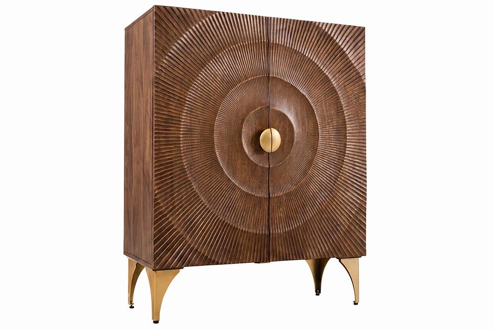 Buffet haut massif GOLDEN SUNSET 120cm en bois de manguier marron doré avec sculptures 3D