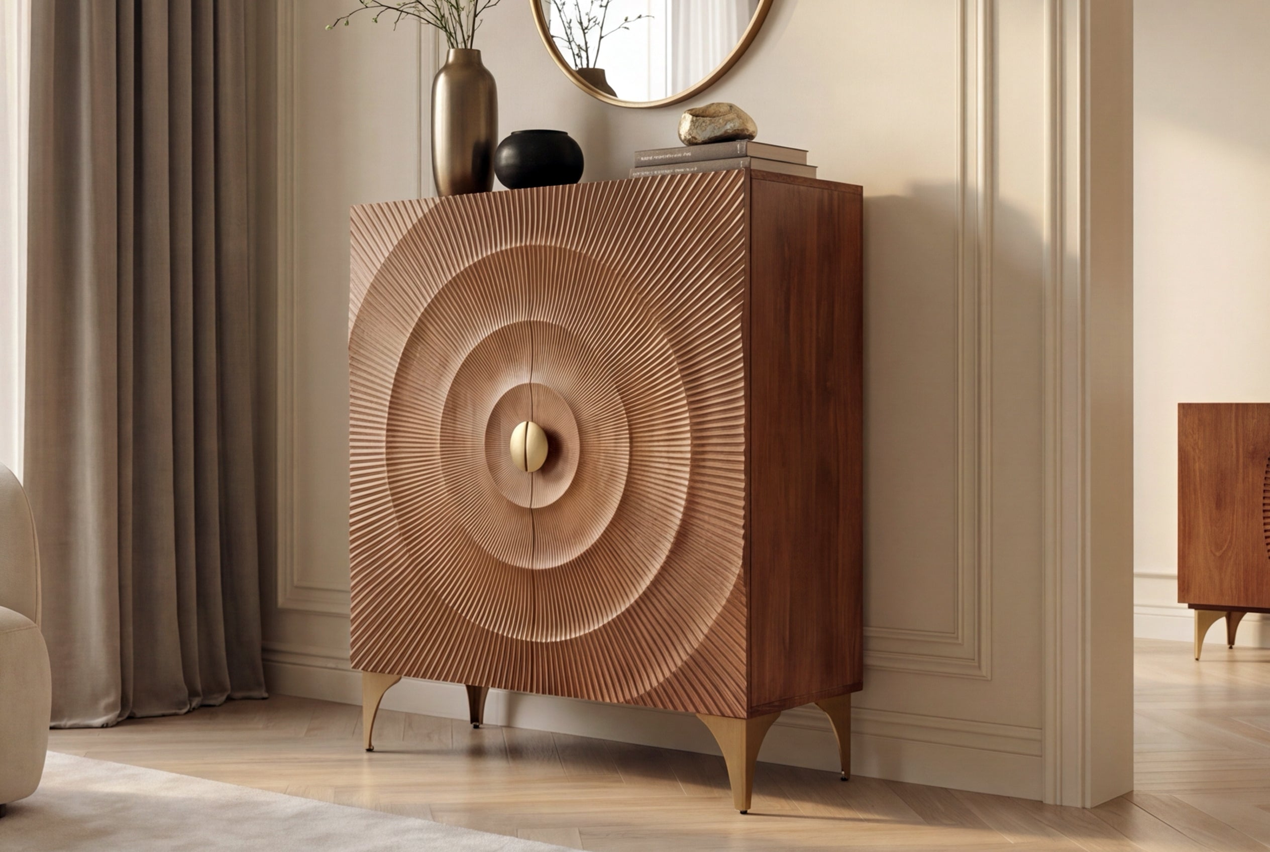 Buffet haut massif GOLDEN SUNSET 120cm en bois de manguier marron doré avec sculptures 3D