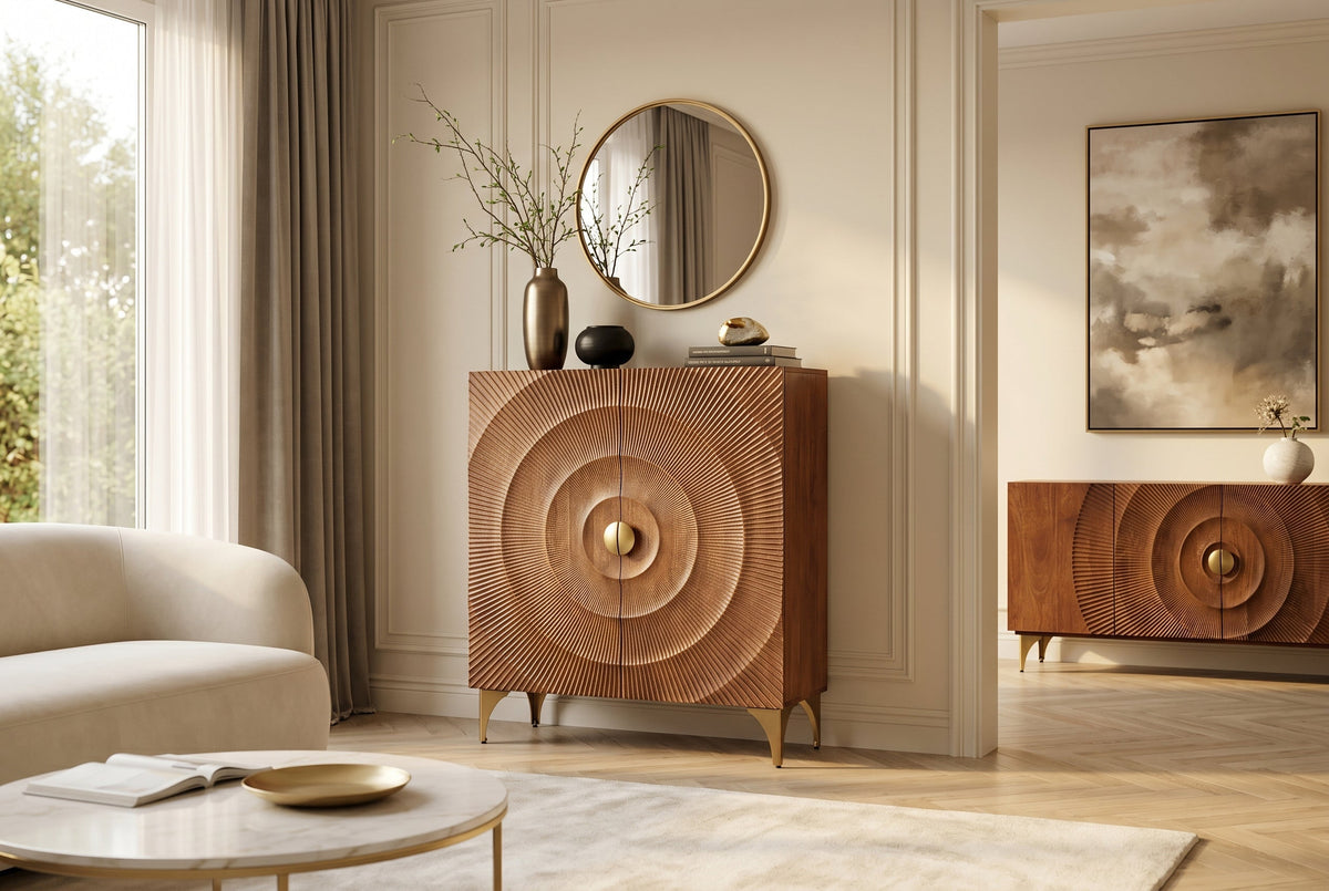 Buffet haut massif GOLDEN SUNSET 120cm en bois de manguier marron doré avec sculptures 3D