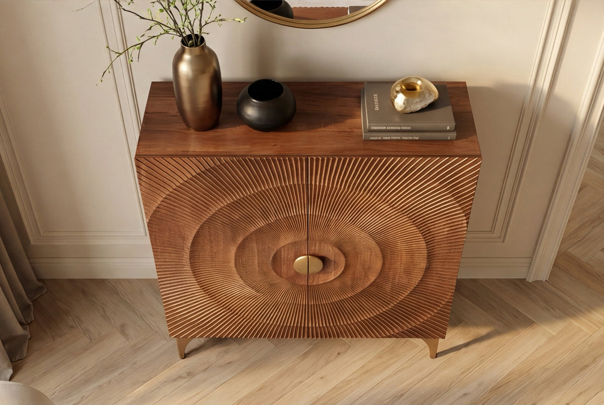 Buffet haut massif GOLDEN SUNSET 120cm en bois de manguier marron doré avec sculptures 3D
