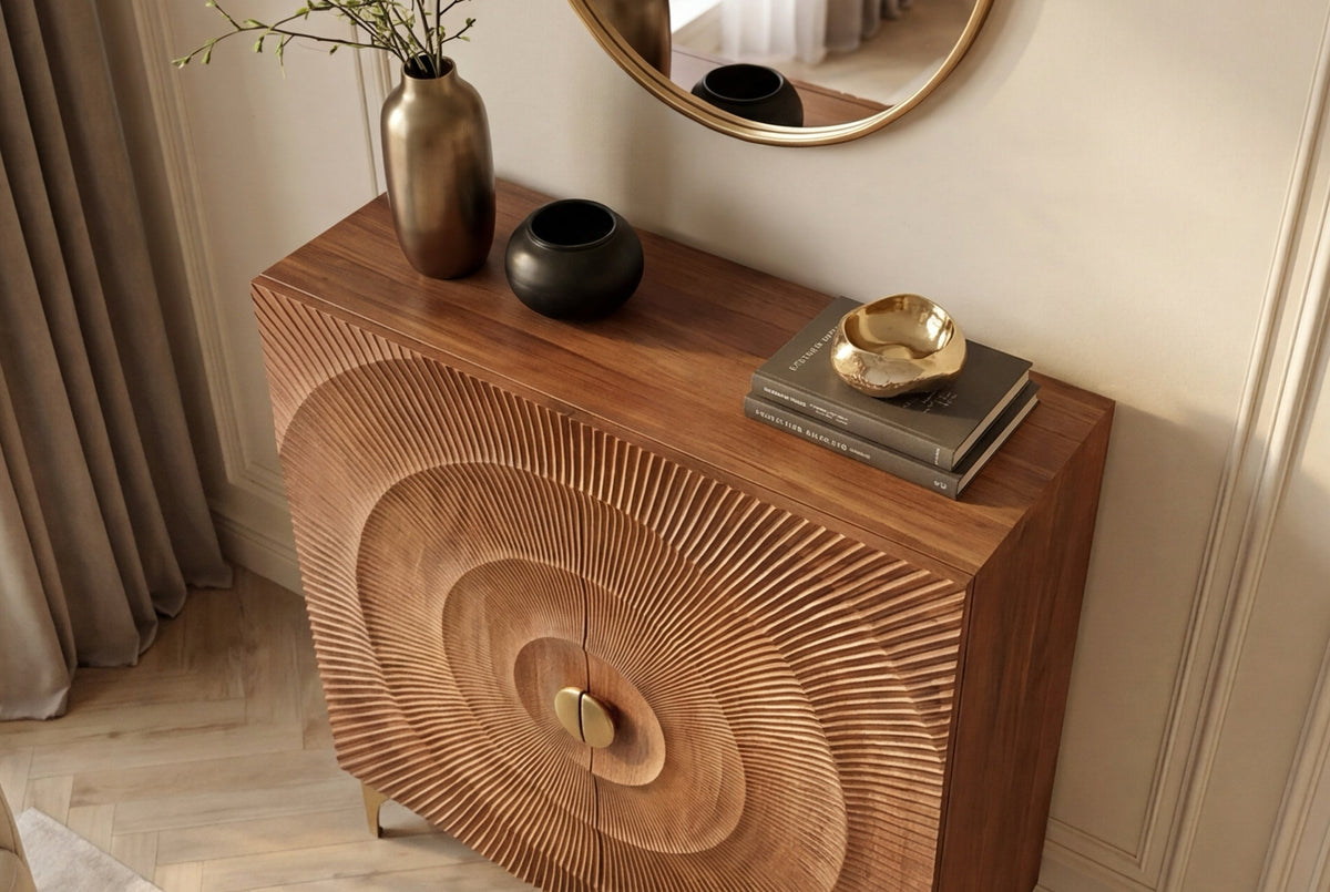 Buffet haut massif GOLDEN SUNSET 120cm en bois de manguier marron doré avec sculptures 3D