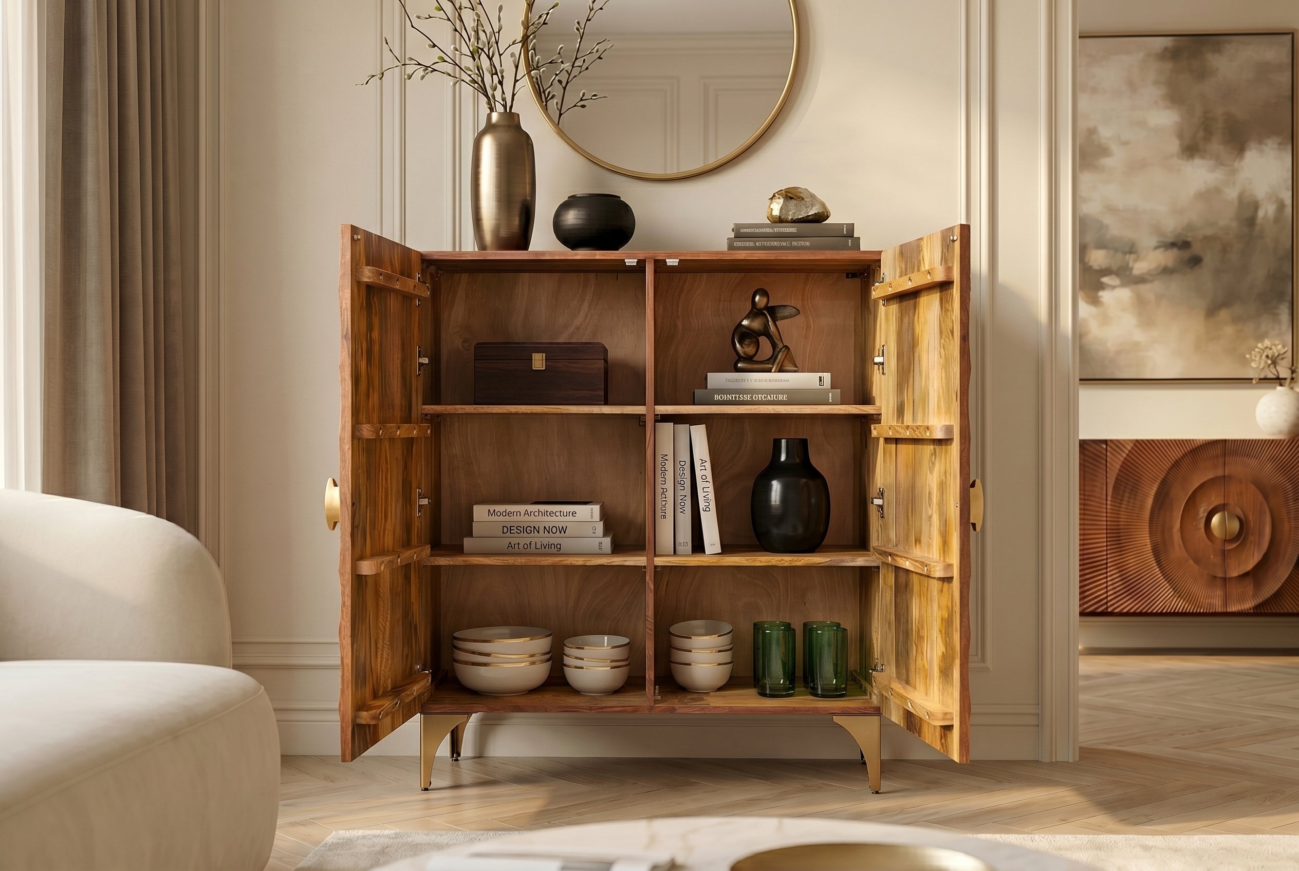 Buffet haut massif GOLDEN SUNSET 120cm en bois de manguier marron doré avec sculptures 3D