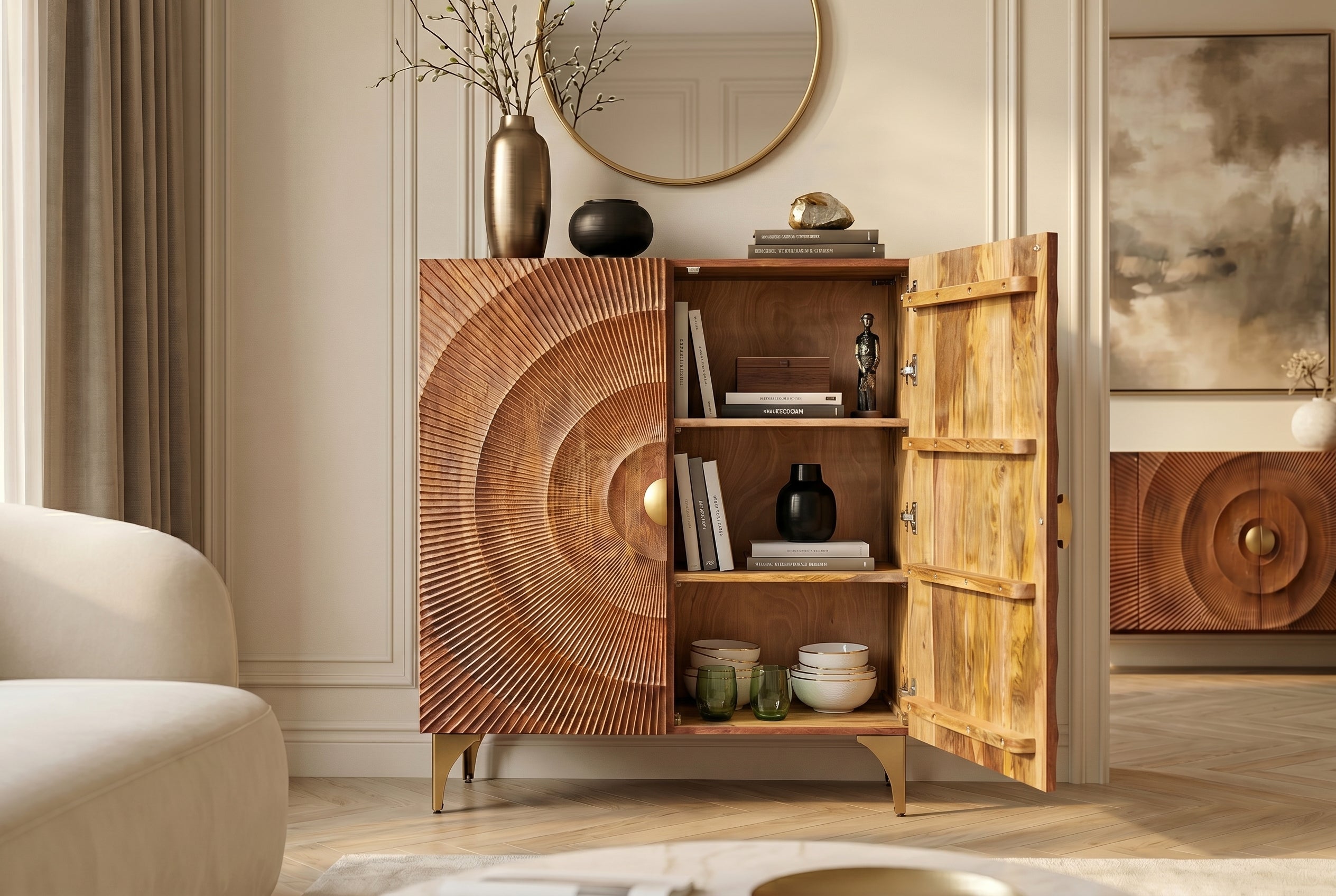 Buffet haut massif GOLDEN SUNSET 120cm en bois de manguier marron doré avec sculptures 3D