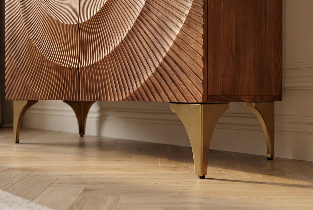 Buffet haut massif GOLDEN SUNSET 120cm en bois de manguier marron doré avec sculptures 3D