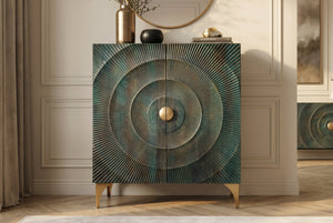 Buffet haut massif GOLDEN SUNSET 120cm en bois de manguier turquoise doré avec sculptures 3D