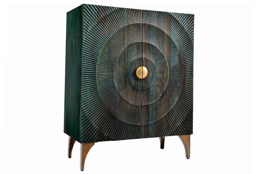 Buffet haut massif GOLDEN SUNSET 120cm en bois de manguier turquoise doré avec sculptures 3D