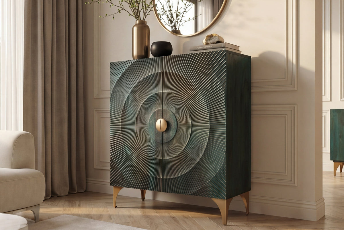 Buffet haut massif GOLDEN SUNSET 120cm en bois de manguier turquoise doré avec sculptures 3D