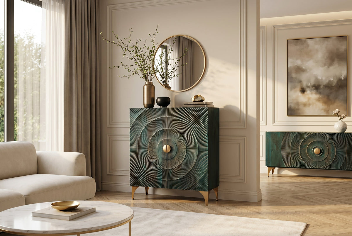 Buffet haut massif GOLDEN SUNSET 120cm en bois de manguier turquoise doré avec sculptures 3D