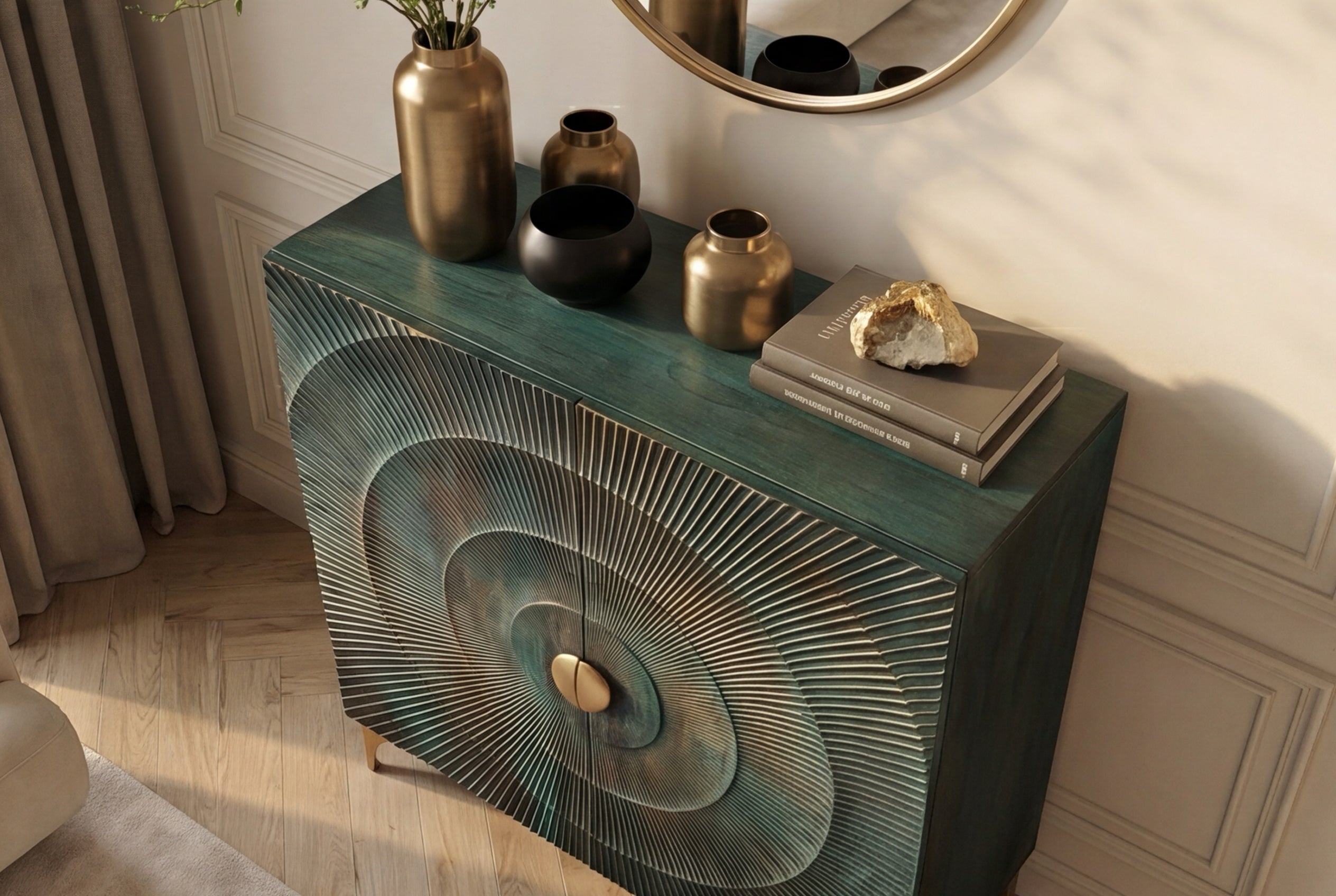 Buffet haut massif GOLDEN SUNSET 120cm en bois de manguier turquoise doré avec sculptures 3D