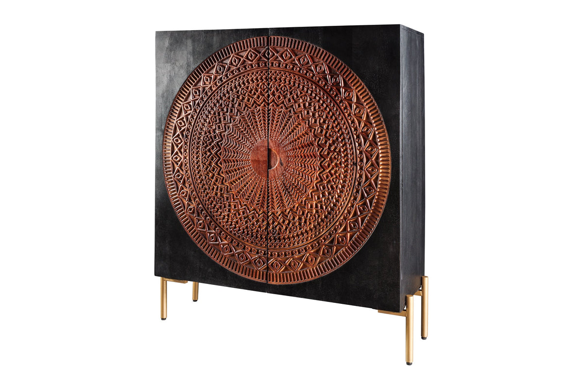 Buffet haut massif MANDALA 120cm en bois de manguier avec sculptures 3D pieds noir doré