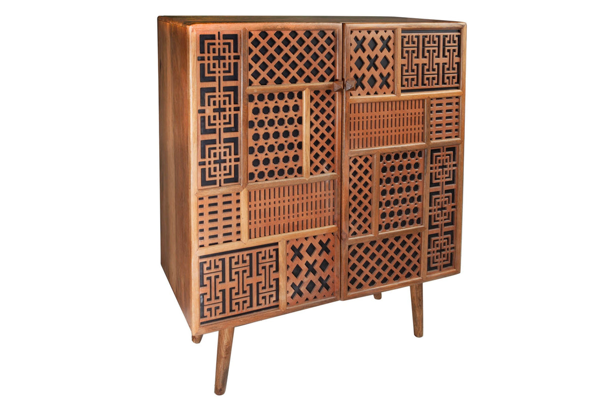 Buffet haut massif MARRAKESCH 120cm en manguier avec décoration style bohème