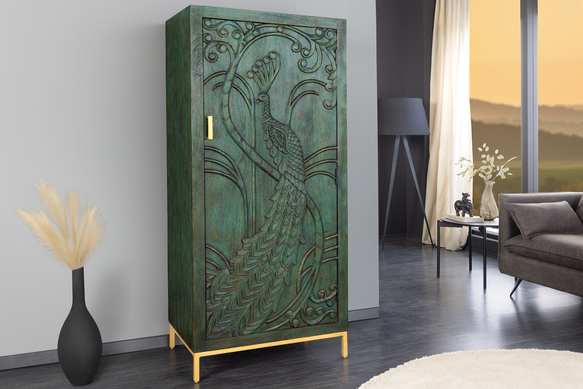 Buffet haut massif PEACOCK 170cm en bois de manguier vert antique sculpture 3D design paon