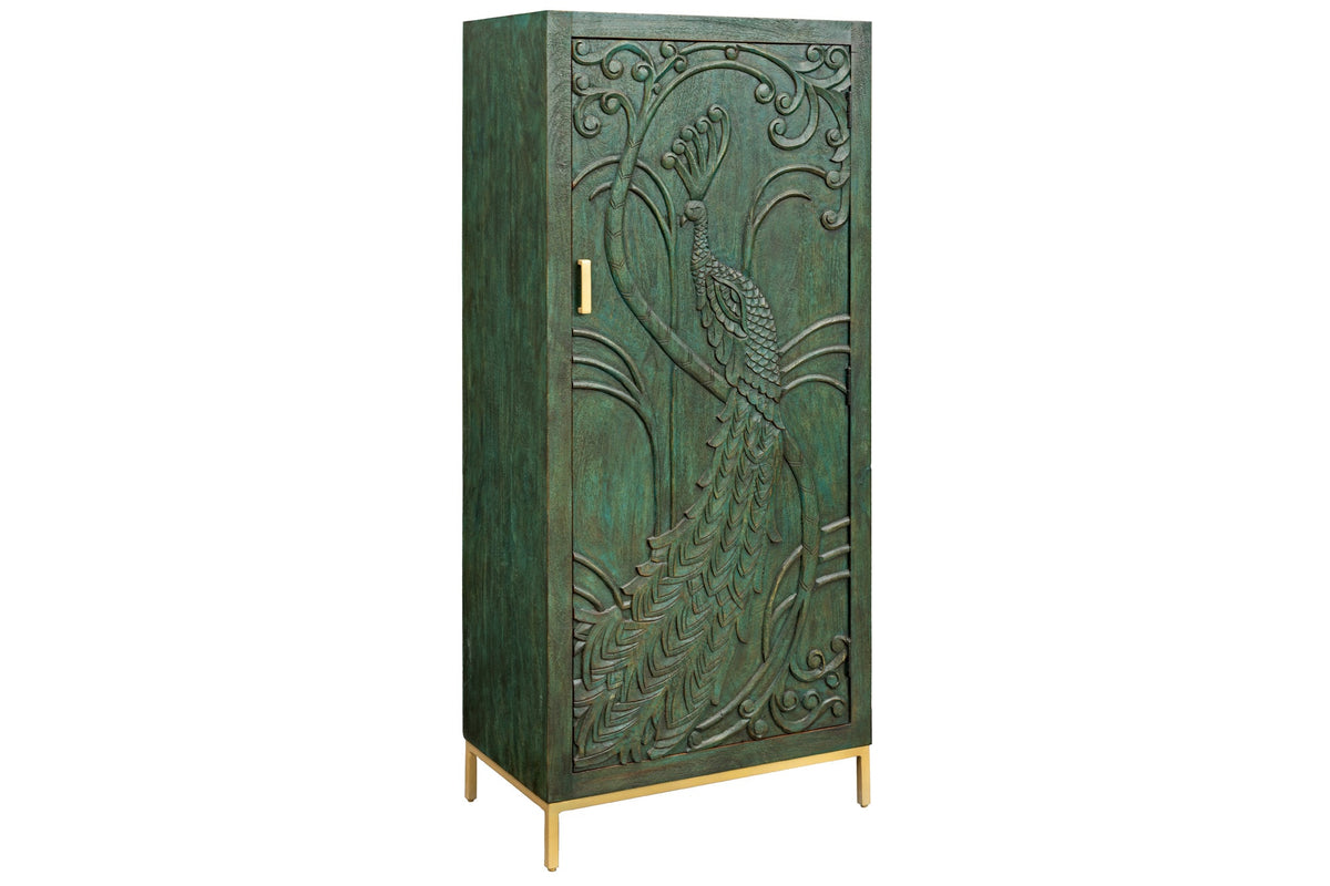 Buffet haut massif PEACOCK 170cm en bois de manguier vert antique sculpture 3D design paon
