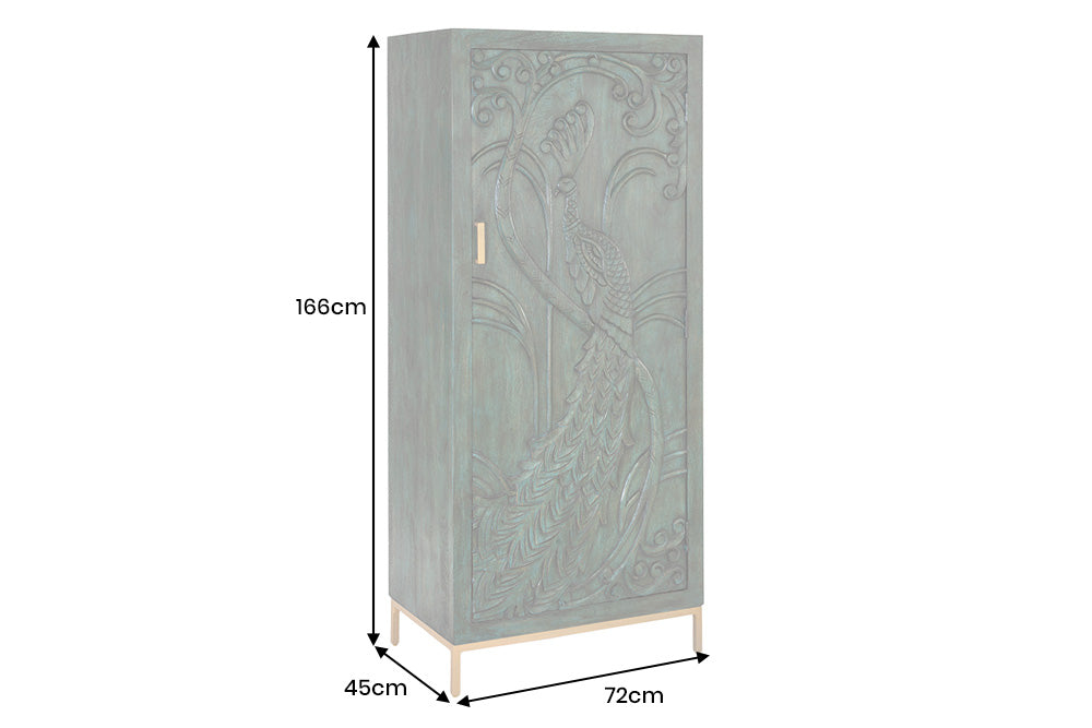 Buffet haut massif PEACOCK 170cm en bois de manguier vert antique sculpture 3D design paon