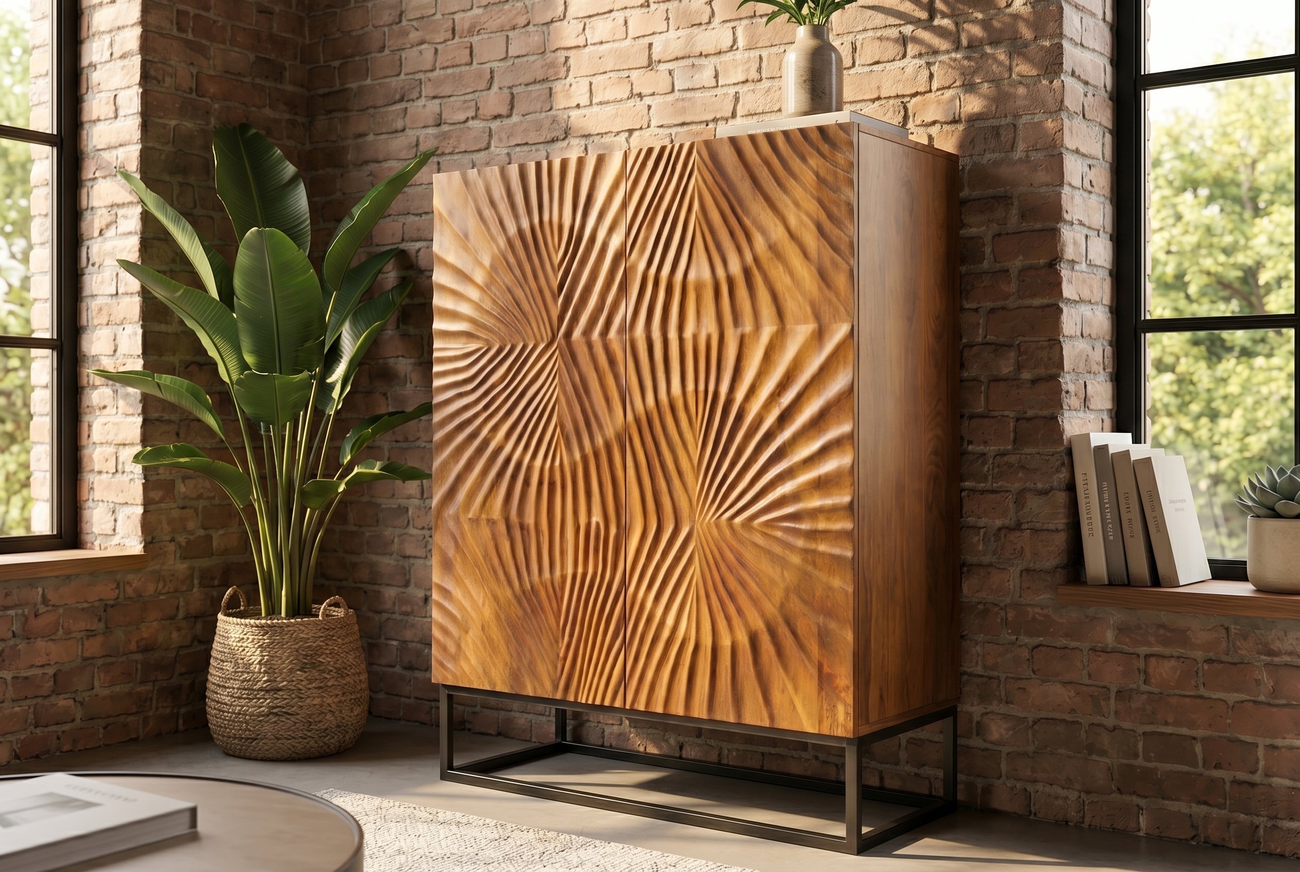Buffet haut massif SCORPION 120 cm en bois de manguier marron avec sculptures 3D élaborées