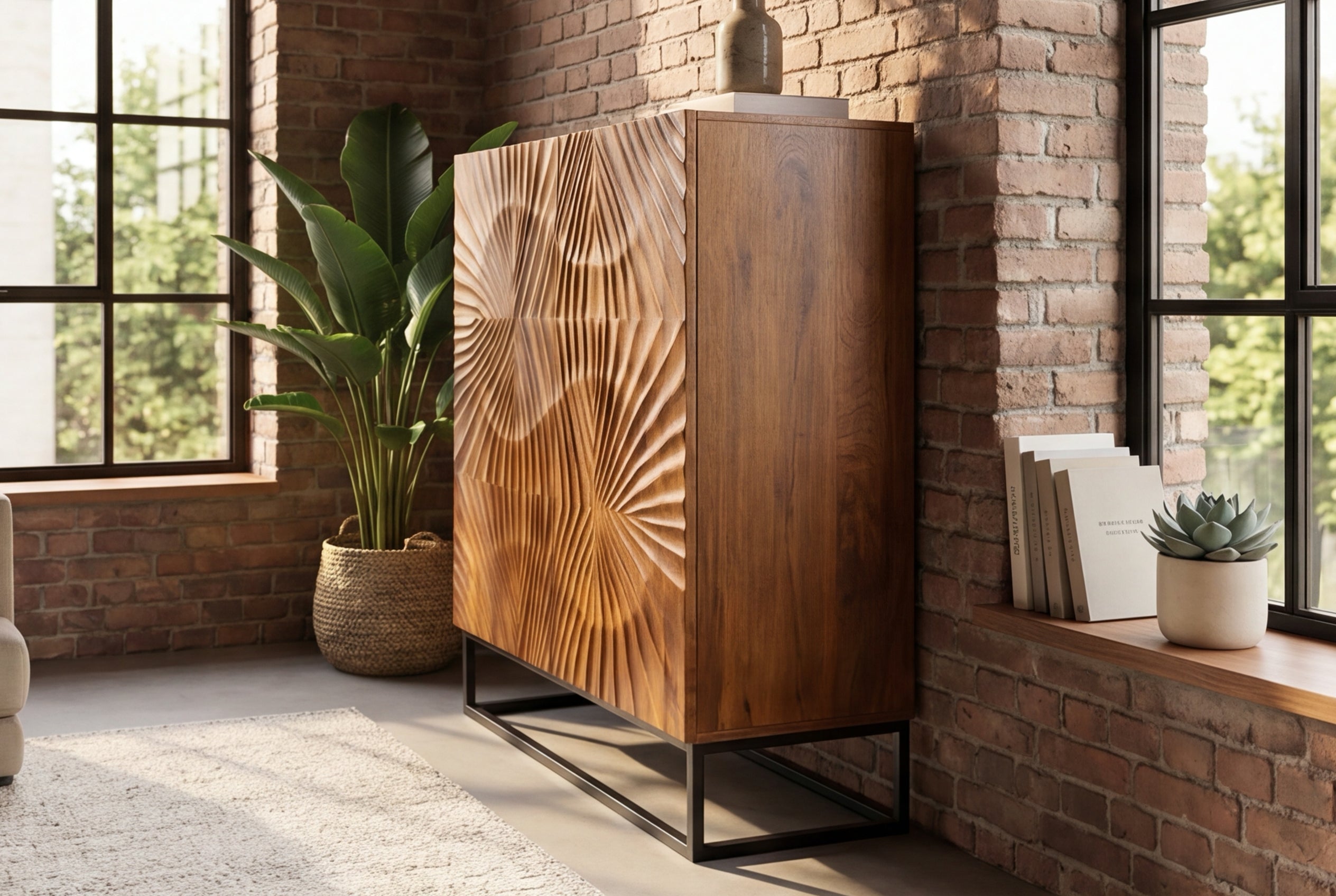 Buffet haut massif SCORPION 120 cm en bois de manguier marron avec sculptures 3D élaborées