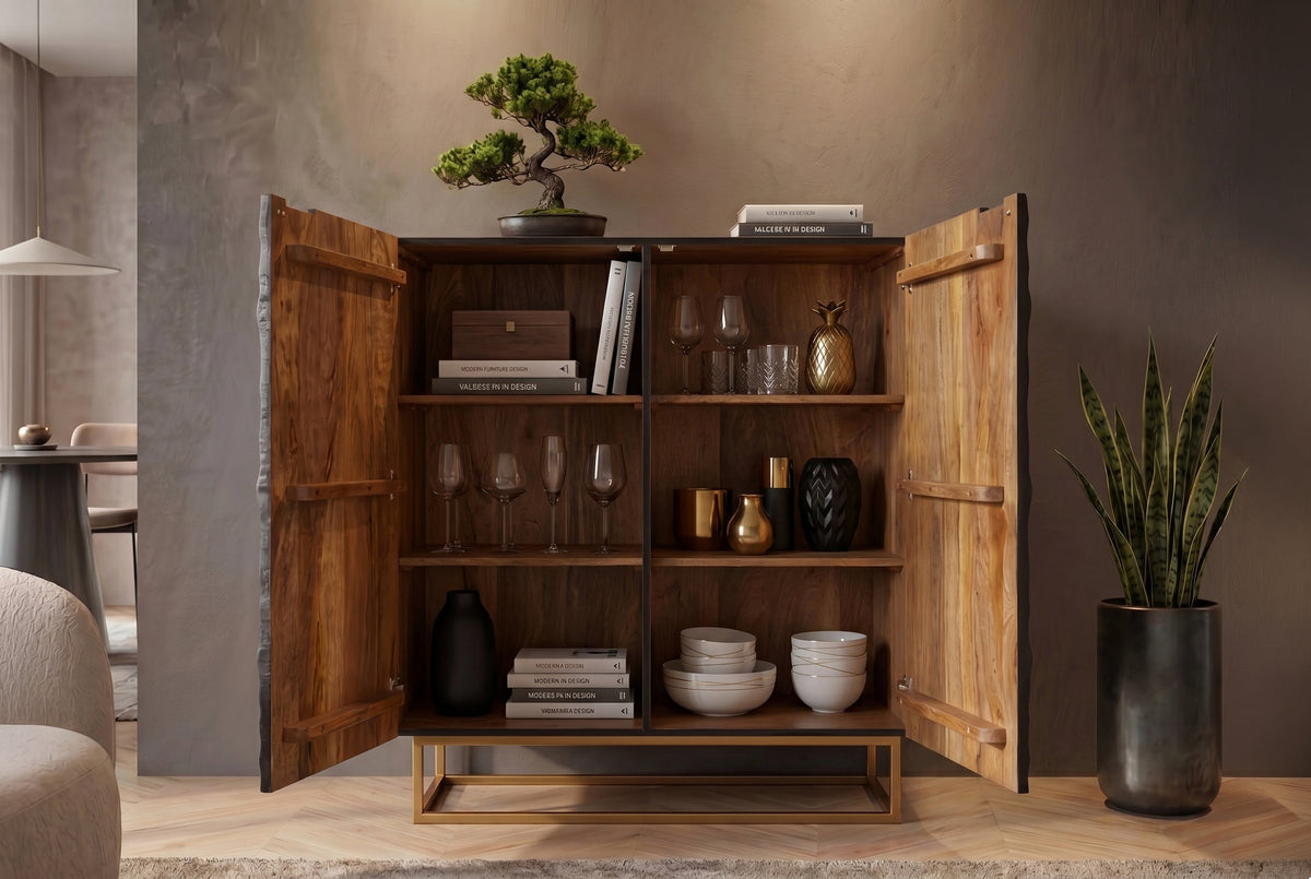 Buffet haut massif SCORPION 120 cm en bois de manguier noir avec sculptures 3D élaborées