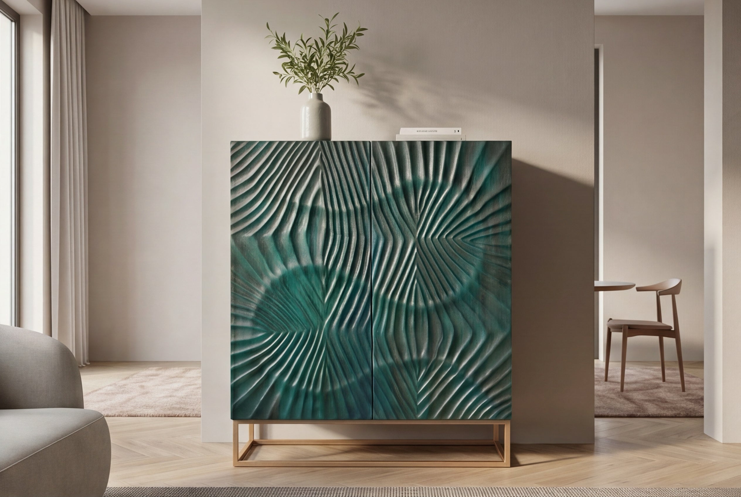 Buffet haut massif SCORPION 120cm en bois de manguier turquoise avec sculptures 3D métal doré