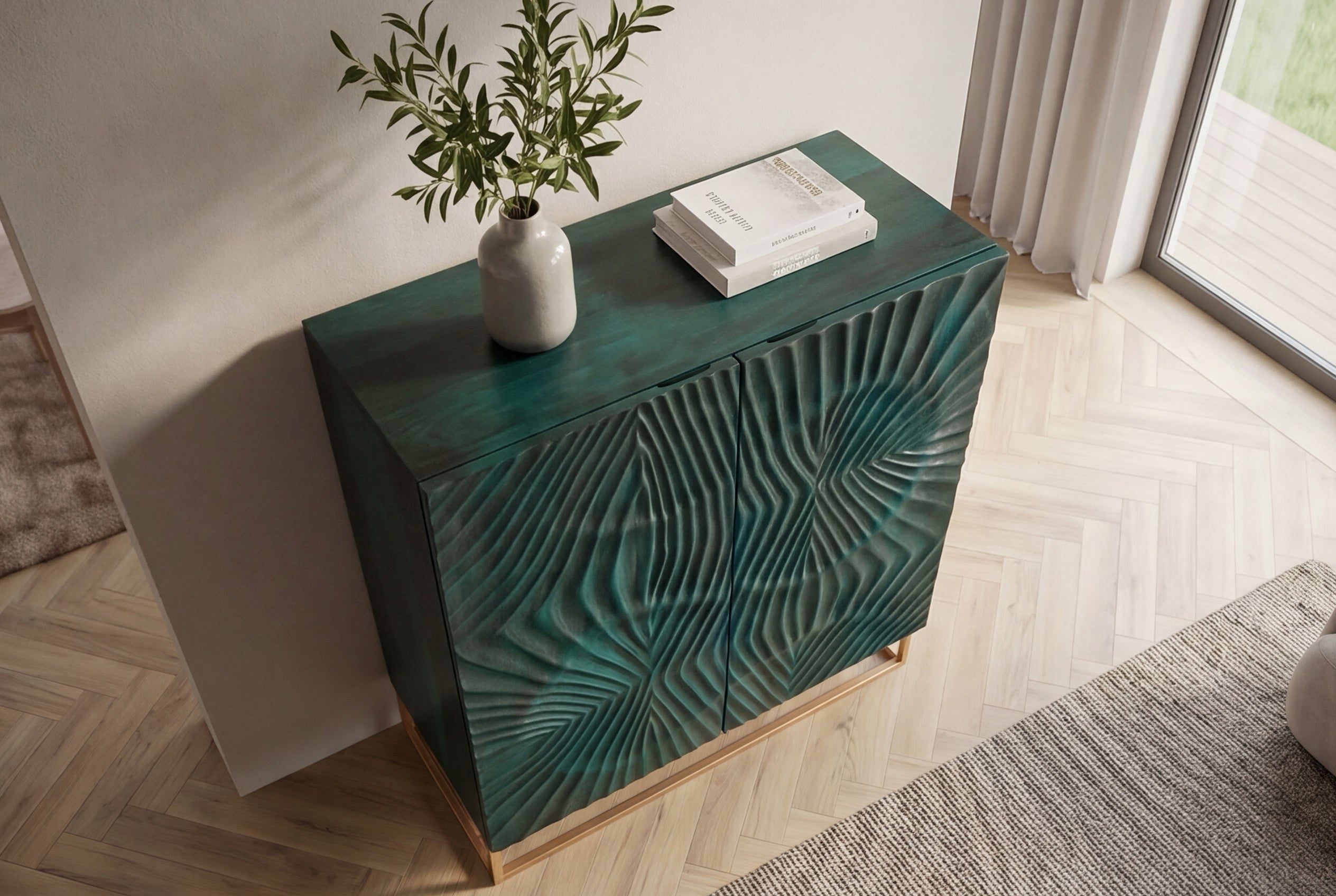 Buffet haut massif SCORPION 120cm en bois de manguier turquoise avec sculptures 3D métal doré