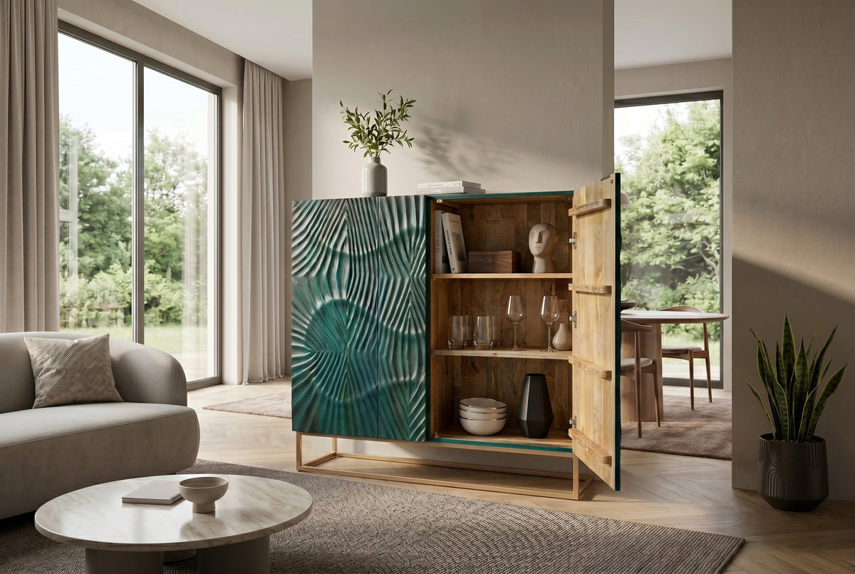 Buffet haut massif SCORPION 120cm en bois de manguier turquoise avec sculptures 3D métal doré