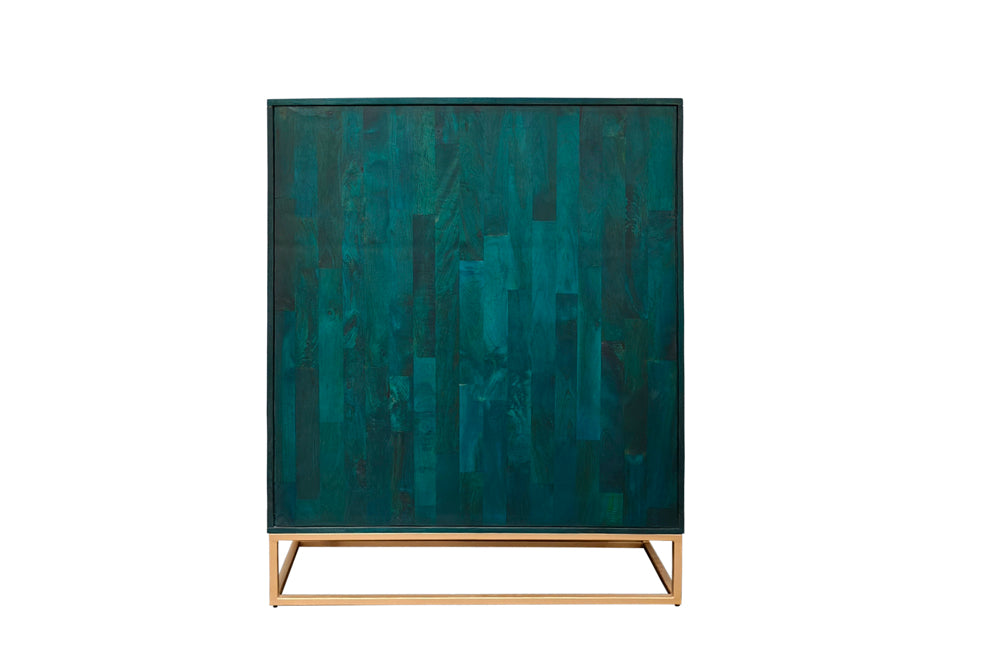 Buffet haut massif SCORPION 120cm en bois de manguier turquoise avec sculptures 3D métal doré