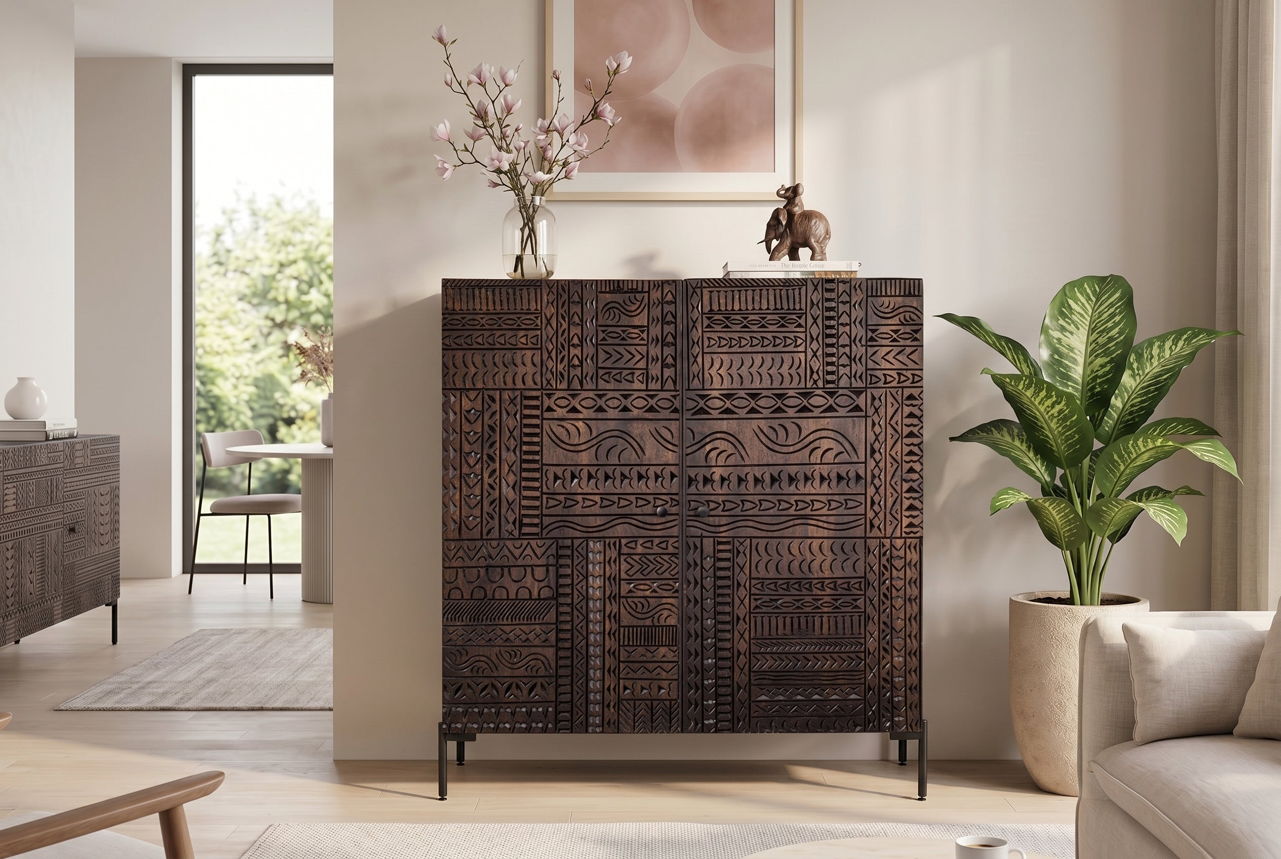 Buffet haut massif TRIBAL 120cm en manguier marron antique Façade 3D nombreux rangements