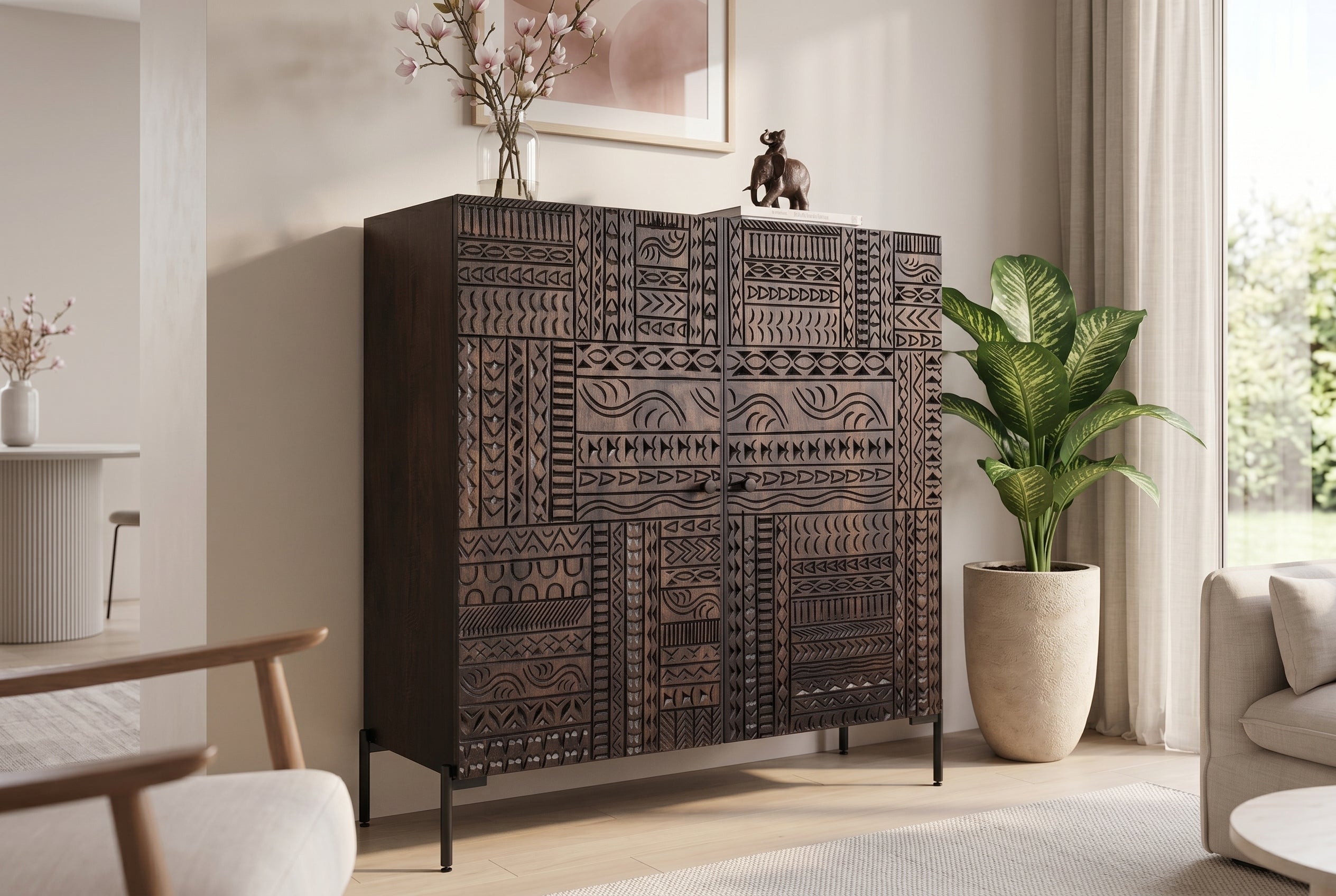 Buffet haut massif TRIBAL 120cm en manguier marron antique Façade 3D nombreux rangements