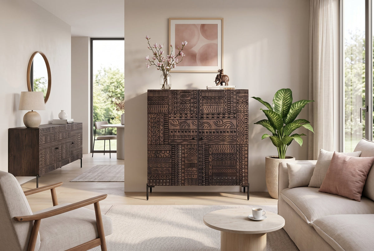 Buffet haut massif TRIBAL 120cm en manguier marron antique Façade 3D nombreux rangements