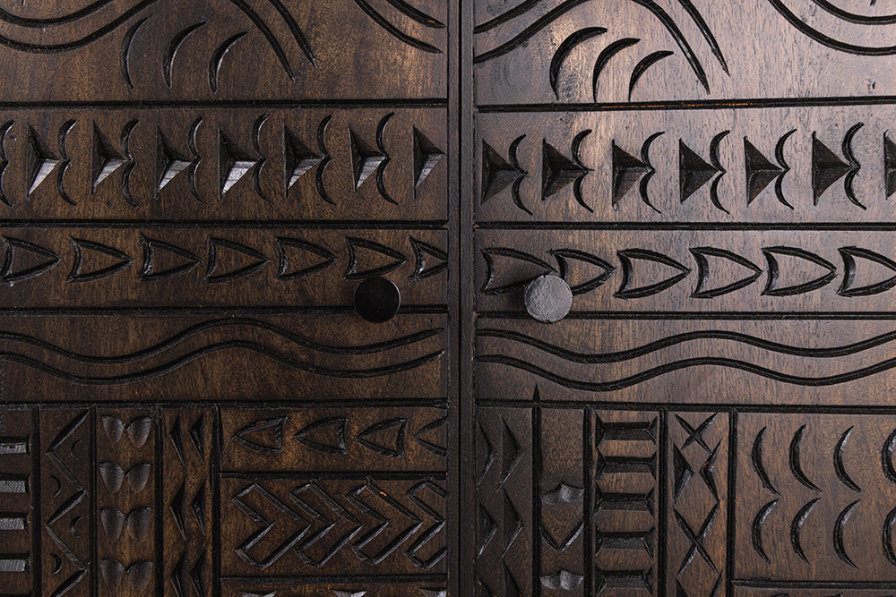 Buffet haut massif TRIBAL 120cm en manguier marron antique Façade 3D nombreux rangements