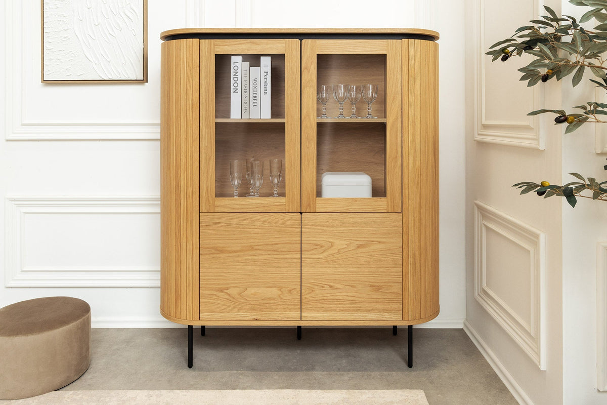 Buffet haut moderne ATELIER 140cm chêne naturel métal noir six compartiments