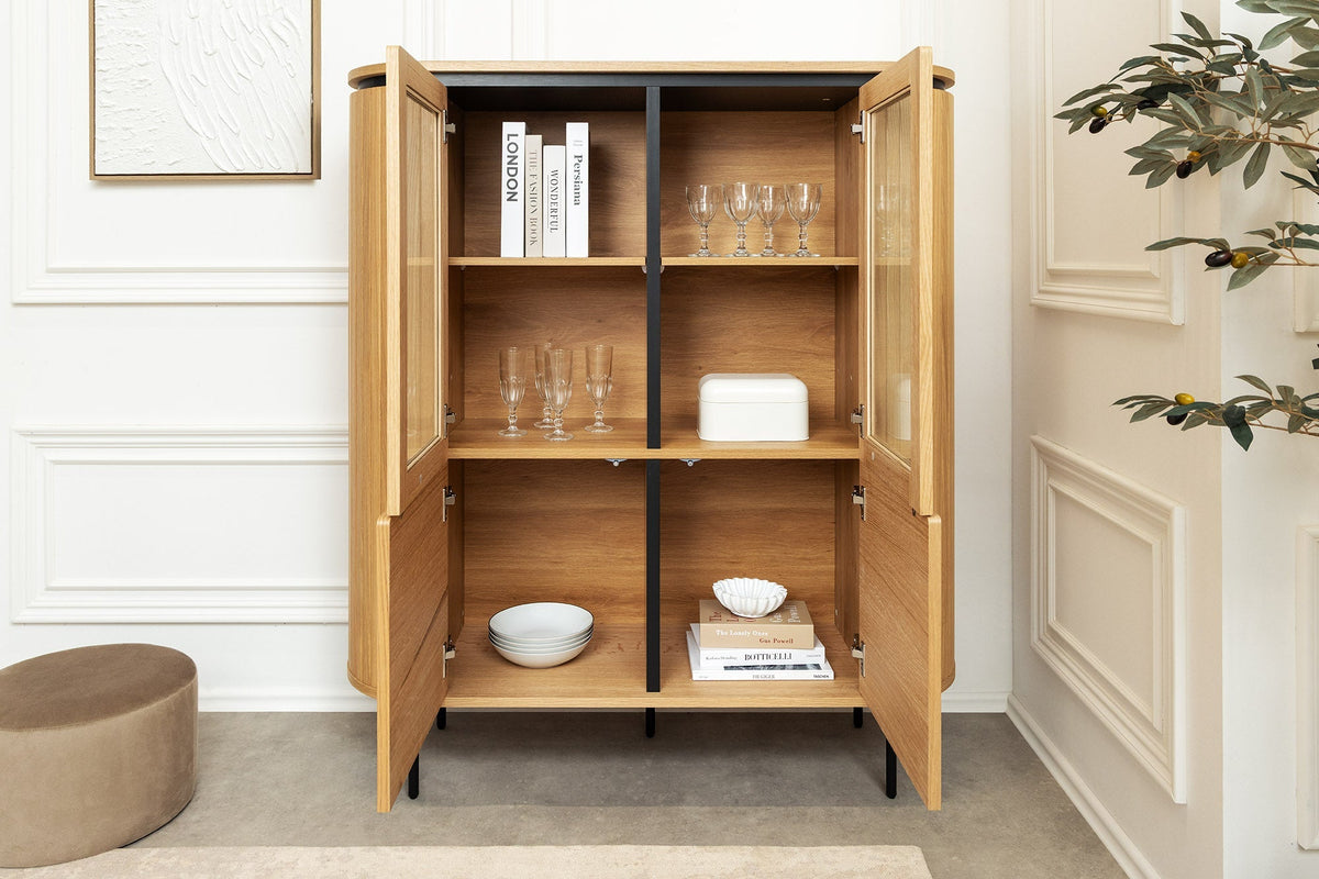 Buffet haut moderne ATELIER 140cm chêne naturel métal noir six compartiments
