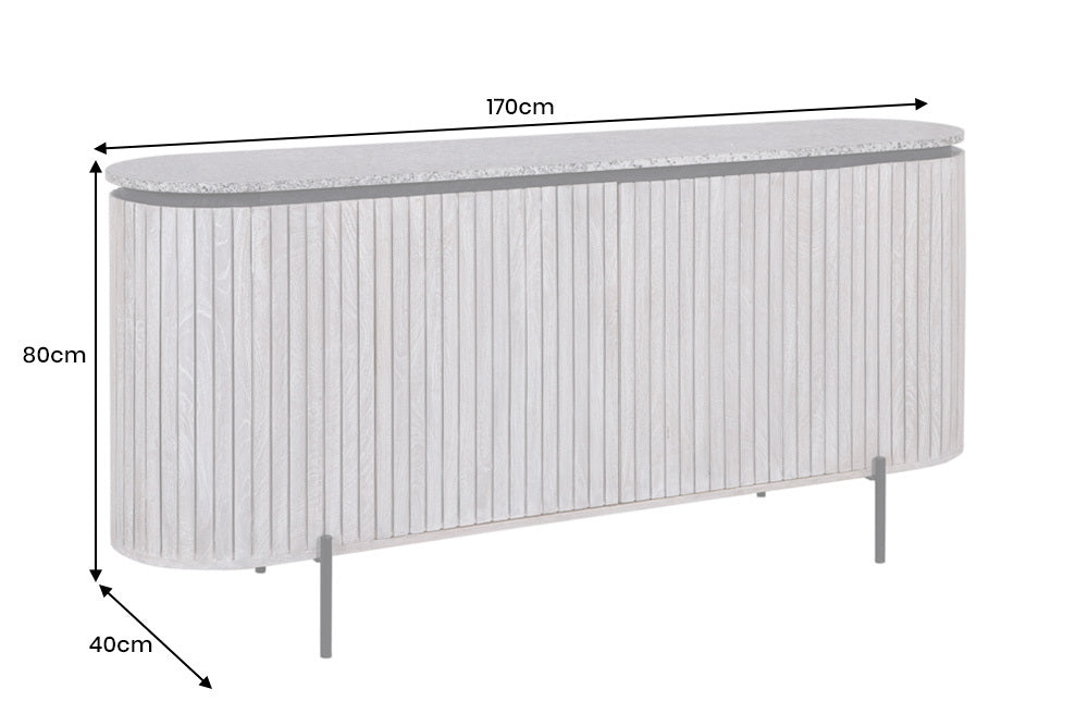 Buffet massif ADLON 170cm en manguier brossé gris avec plateau en marbre blanc
