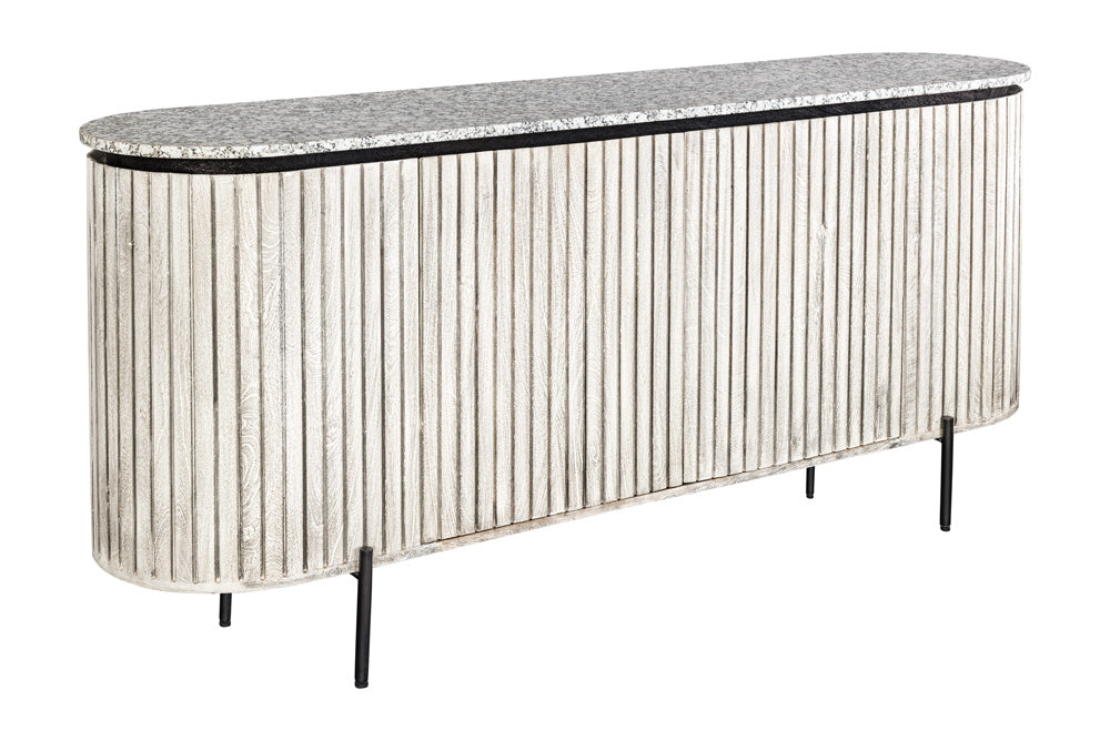 Buffet massif ADLON 170cm en manguier brossé gris avec plateau en marbre blanc