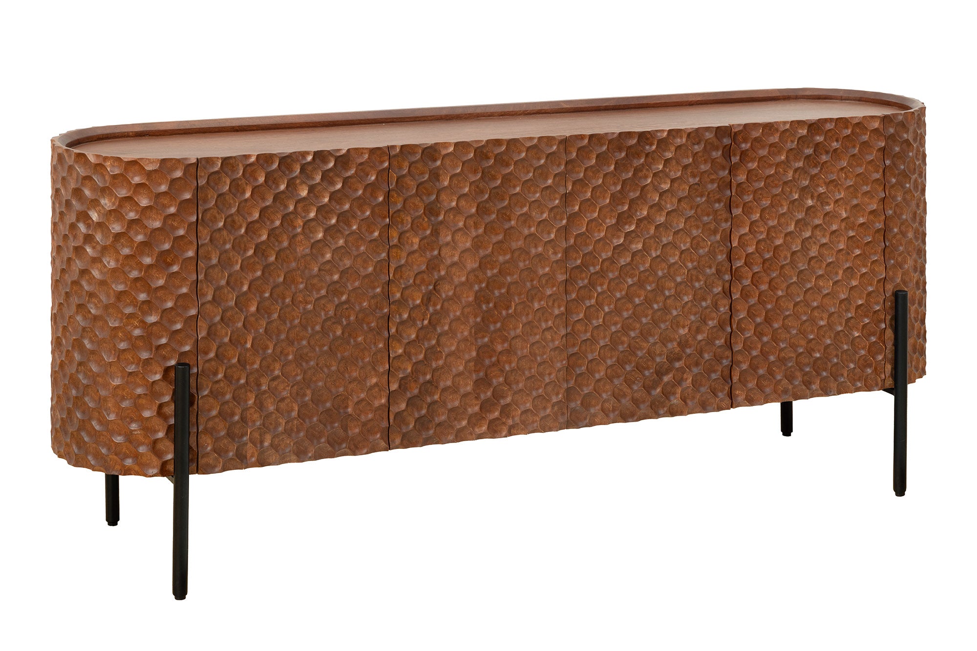 Buffet massif ADLON 180cm manguier marron métal noir façade 3D en structure nid d’abeille