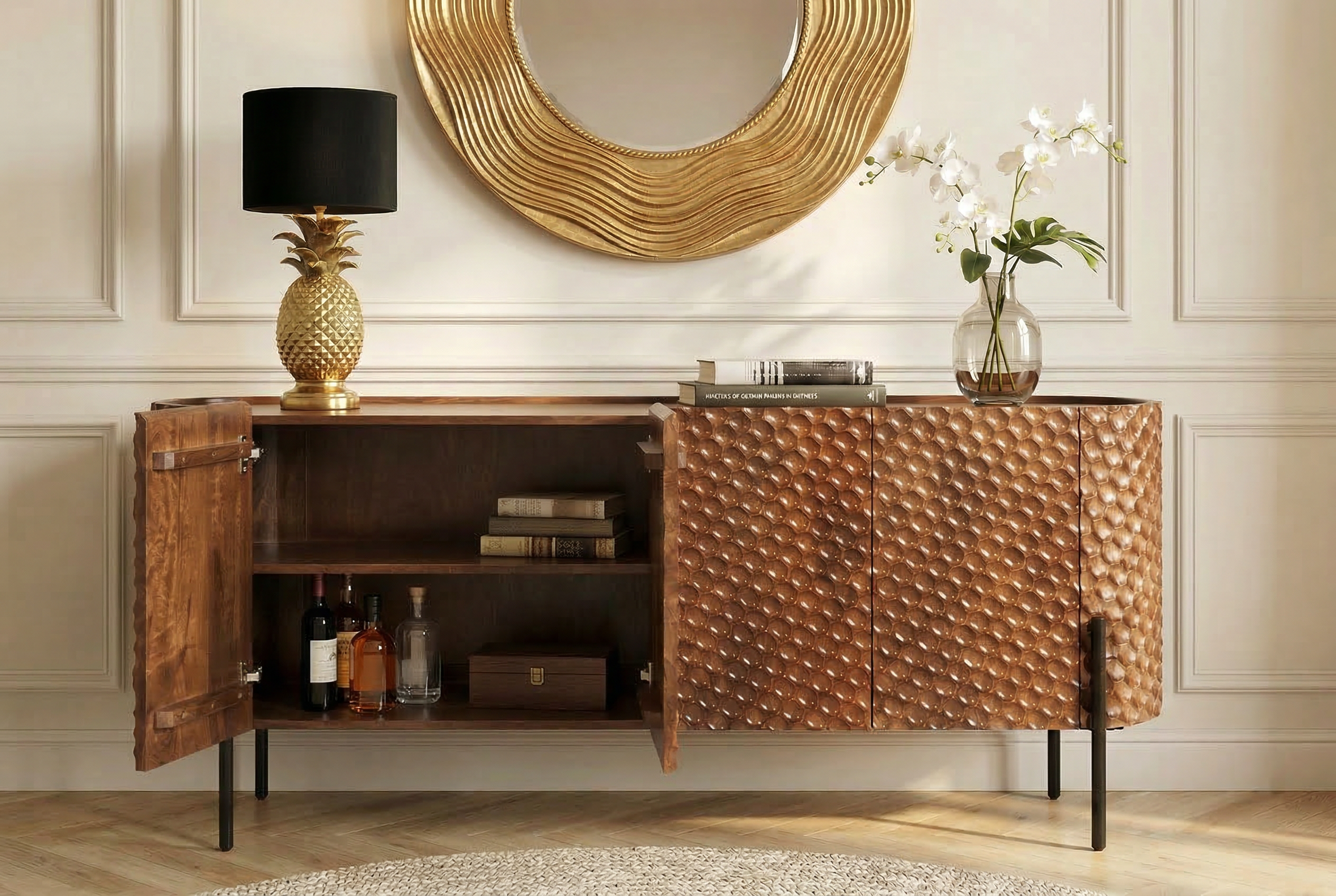 Buffet massif ADLON 180cm manguier marron métal noir façade 3D en structure nid d’abeille