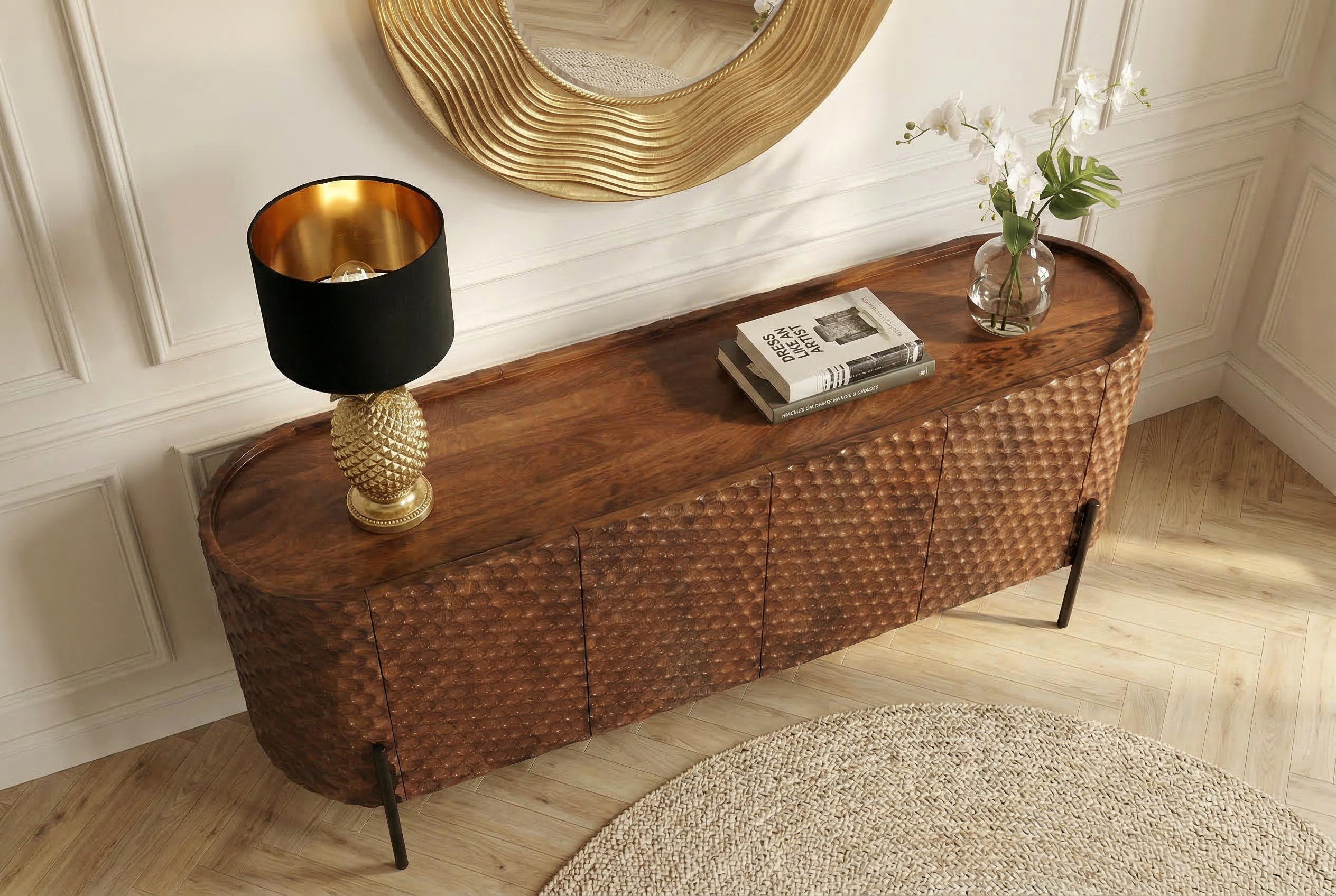 Buffet massif ADLON 180cm manguier marron métal noir façade 3D en structure nid d’abeille
