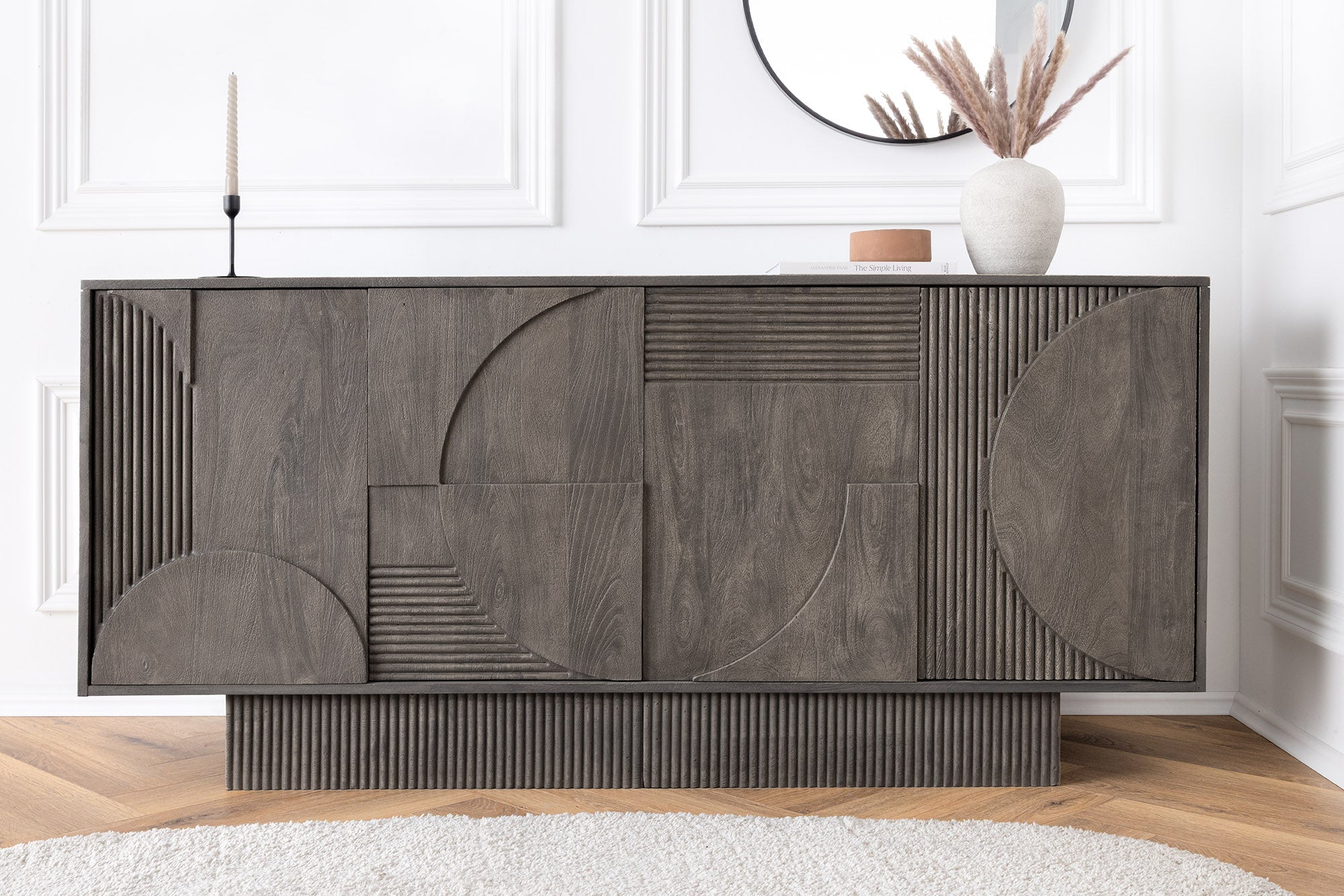 Buffet massif ART DECO 170cm bois de manguier gris façade 3D