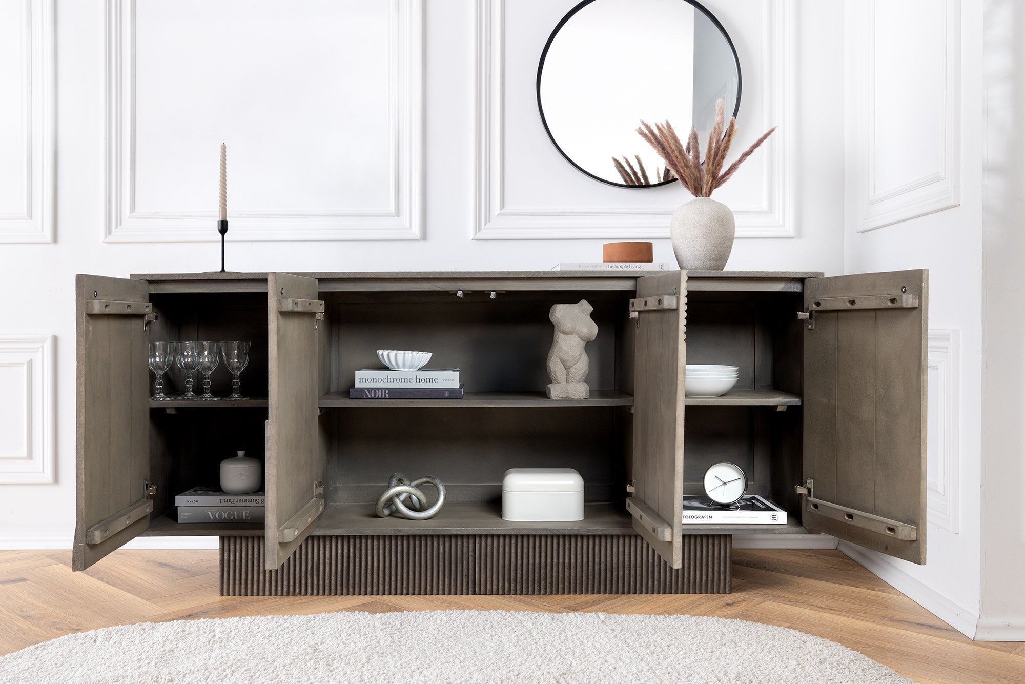Buffet massif ART DECO 170cm bois de manguier gris façade 3D