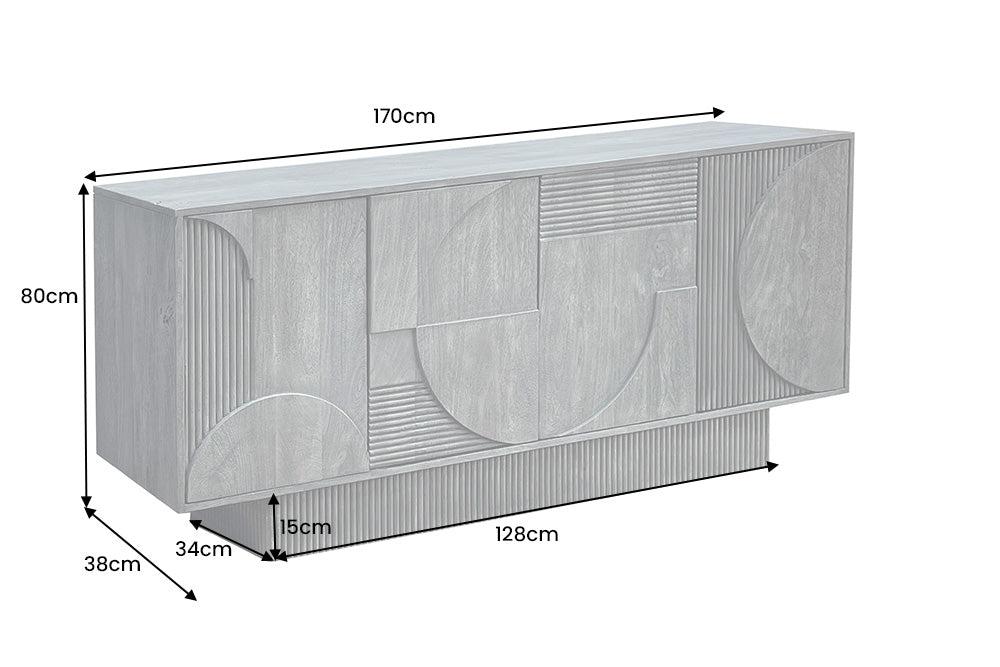 Buffet massif ART DECO 170cm bois de manguier gris façade 3D