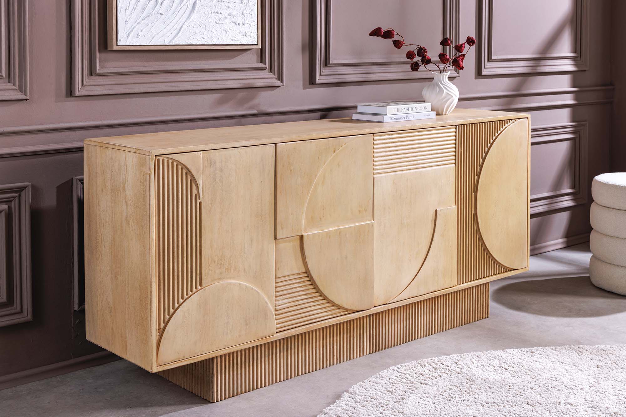 Buffet massif ART DECO 170cm en bois de manguier cérusé blanc façade 3D fait main