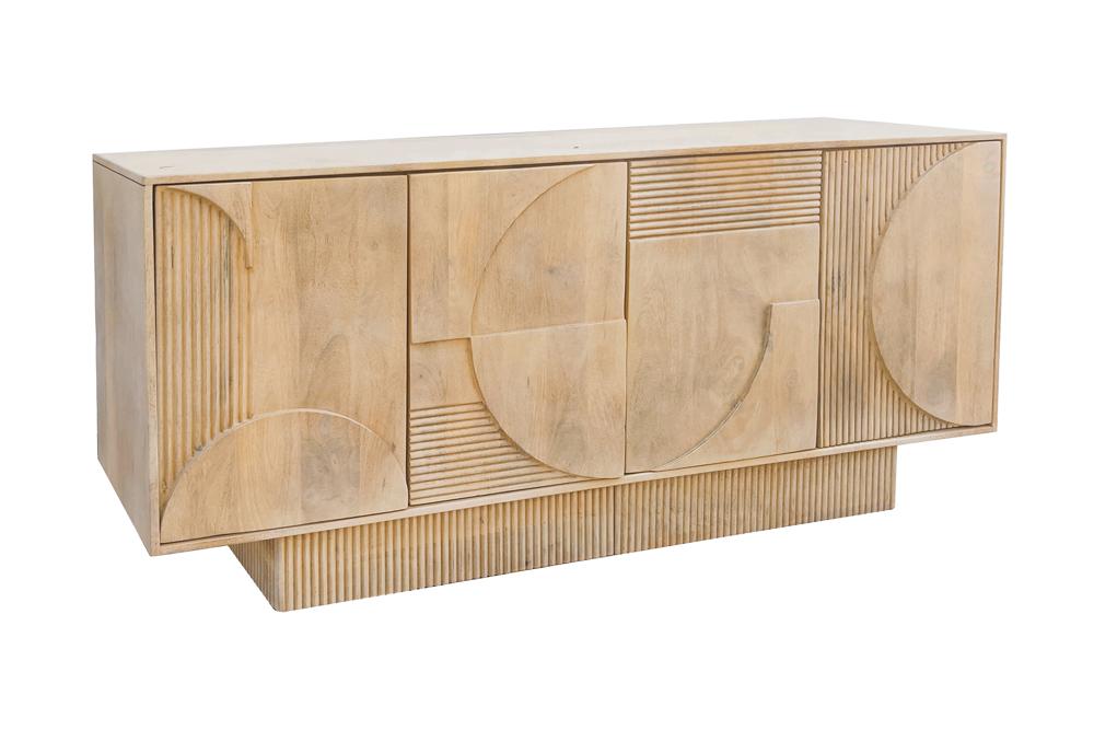 Buffet massif ART DECO 170cm en bois de manguier cérusé blanc façade 3D fait main