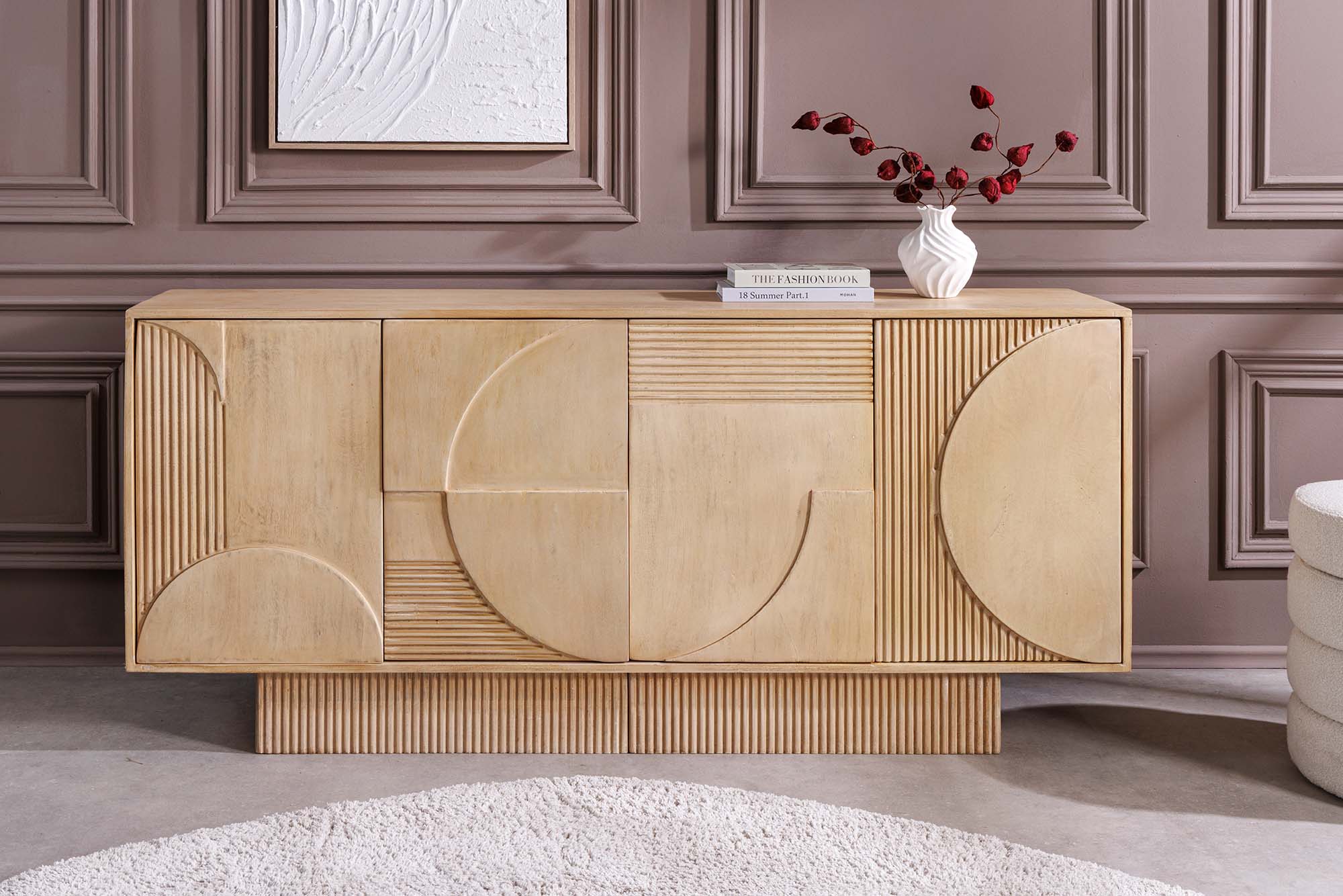 Buffet massif ART DECO 170cm en bois de manguier cérusé blanc façade 3D fait main