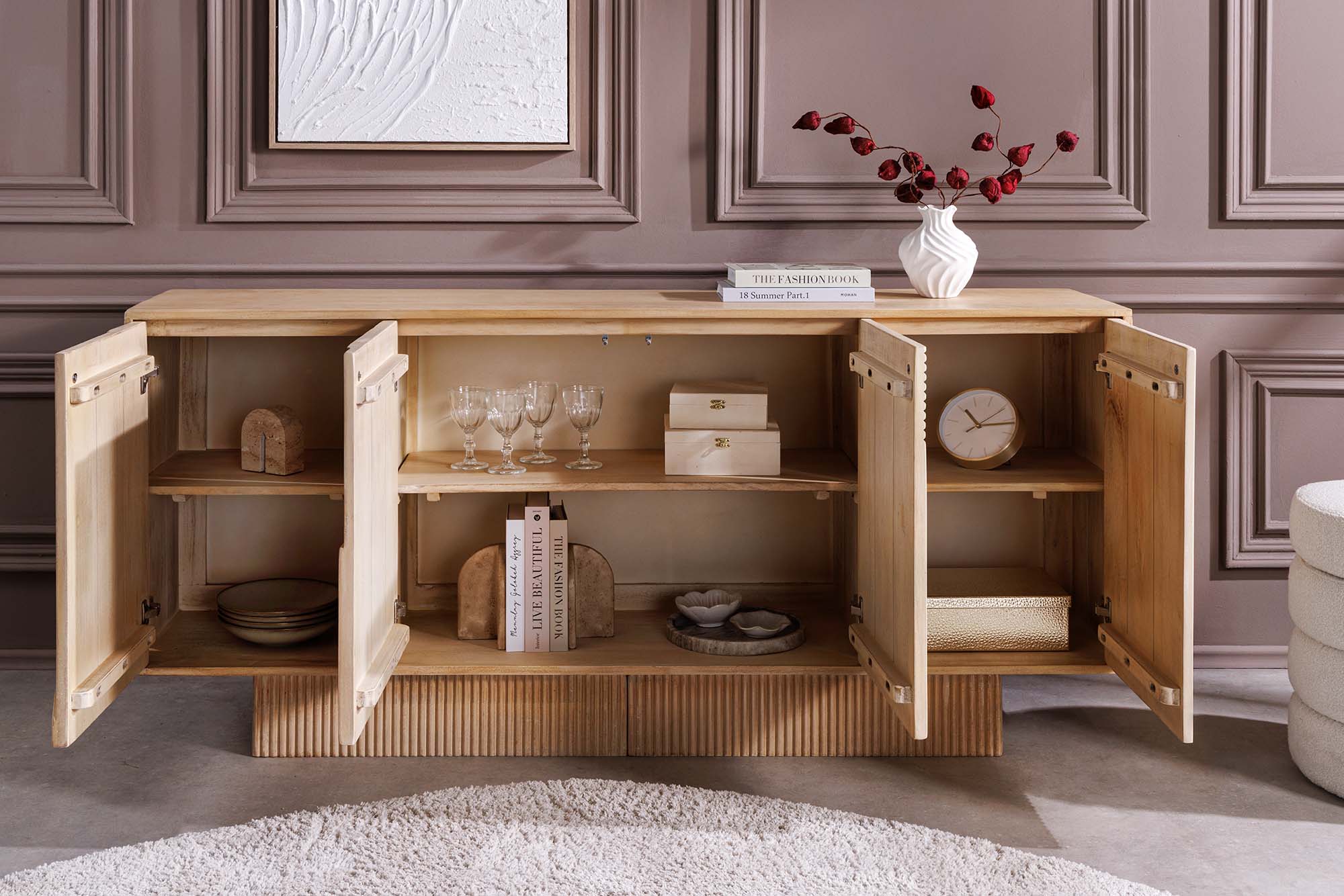 Buffet massif ART DECO 170cm en bois de manguier cérusé blanc façade 3D fait main