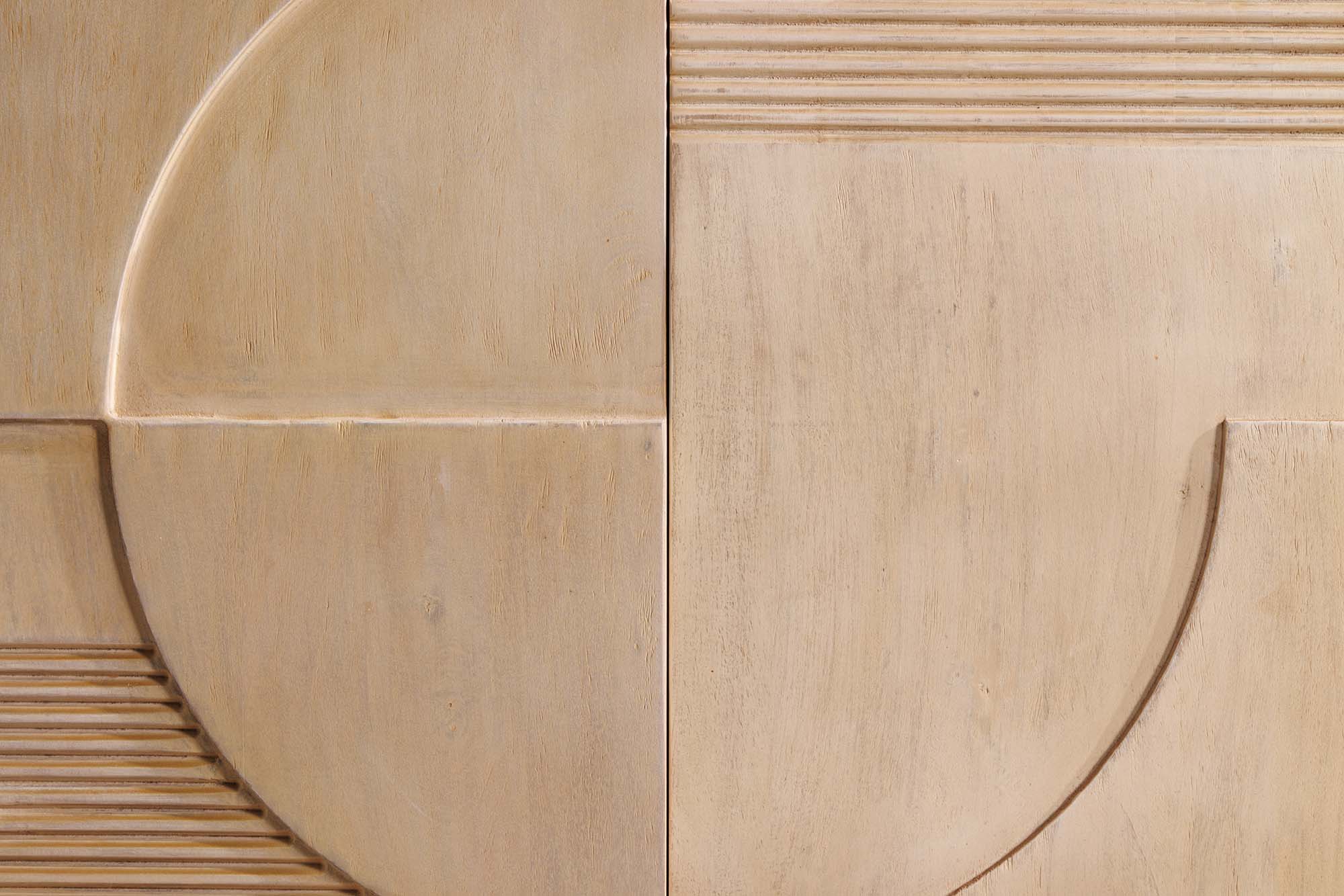 Buffet massif ART DECO 170cm en bois de manguier cérusé blanc façade 3D fait main