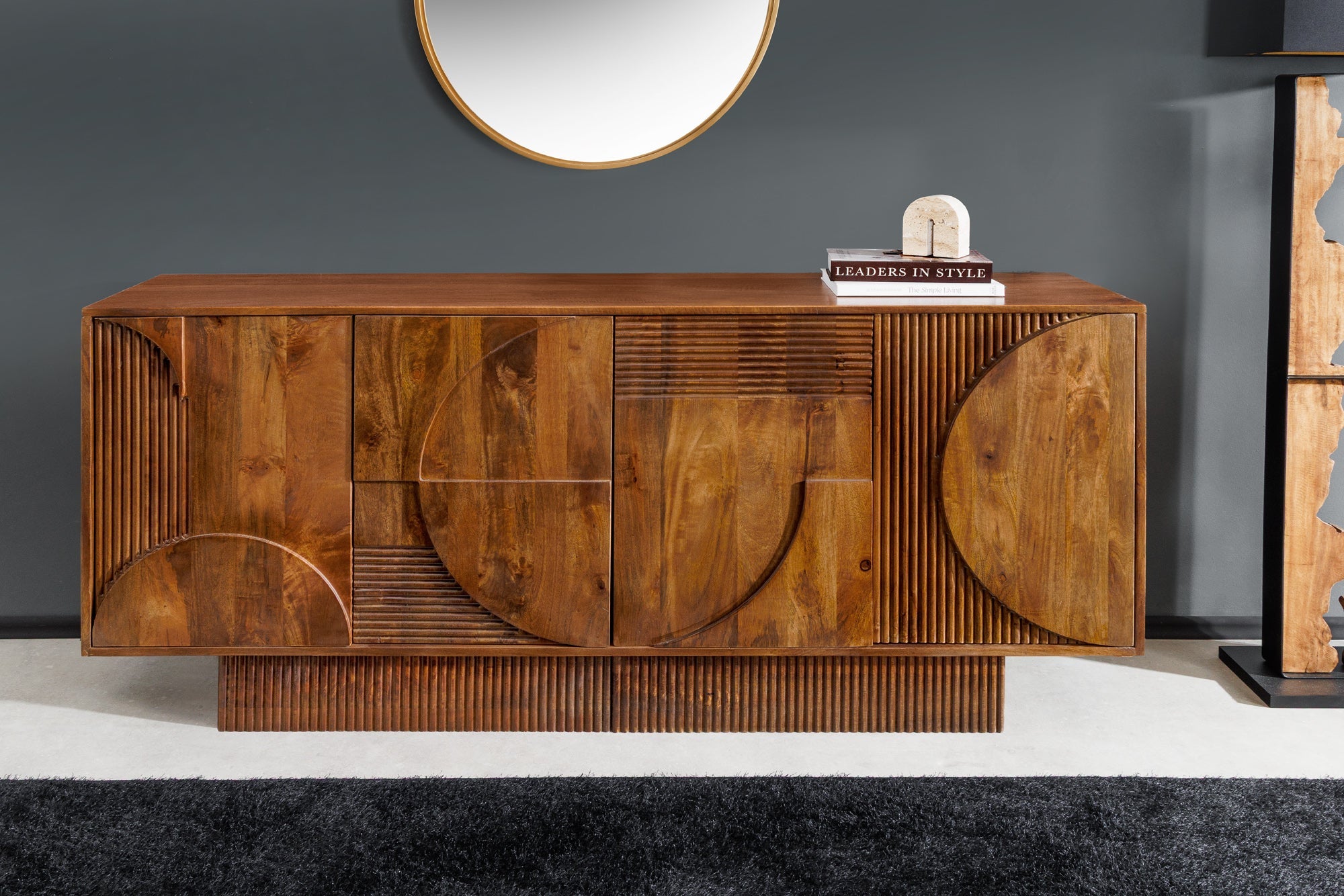 Buffet massif ART DECO 170cm marron fumé manguier façade 3D